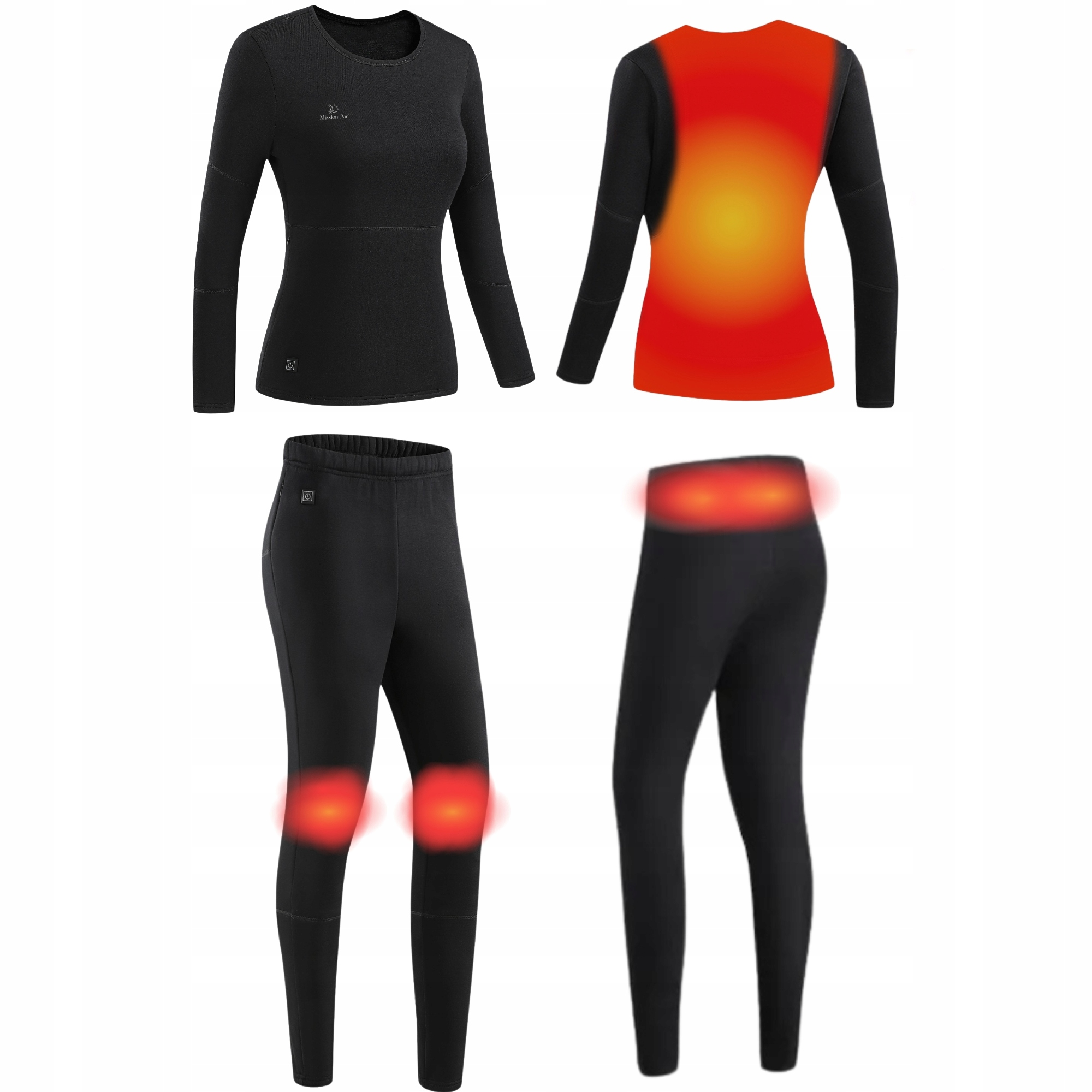 Wyświetlony czarny podgrzewany zestaw warstwy bazowej; koszulka z długim rękawem i spodnie. Tył koszulki oraz obszar kolan/talii spodni świecą na czerwono.