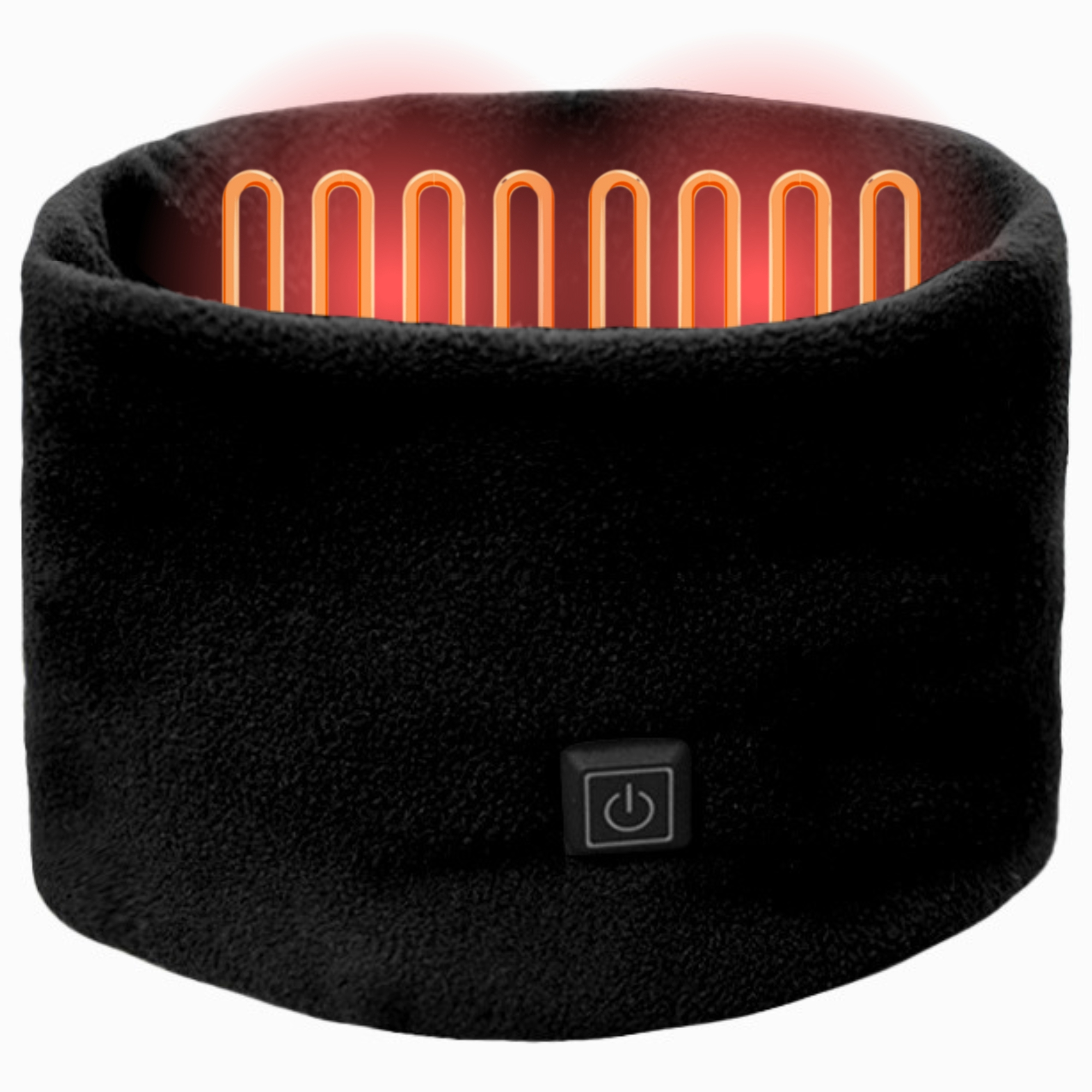 Czarny podgrzewany ochraniacz na szyję z pomarańczowymi elementami grzewczymi w środku. Ma przycisk zasilania. Tło jest białe.