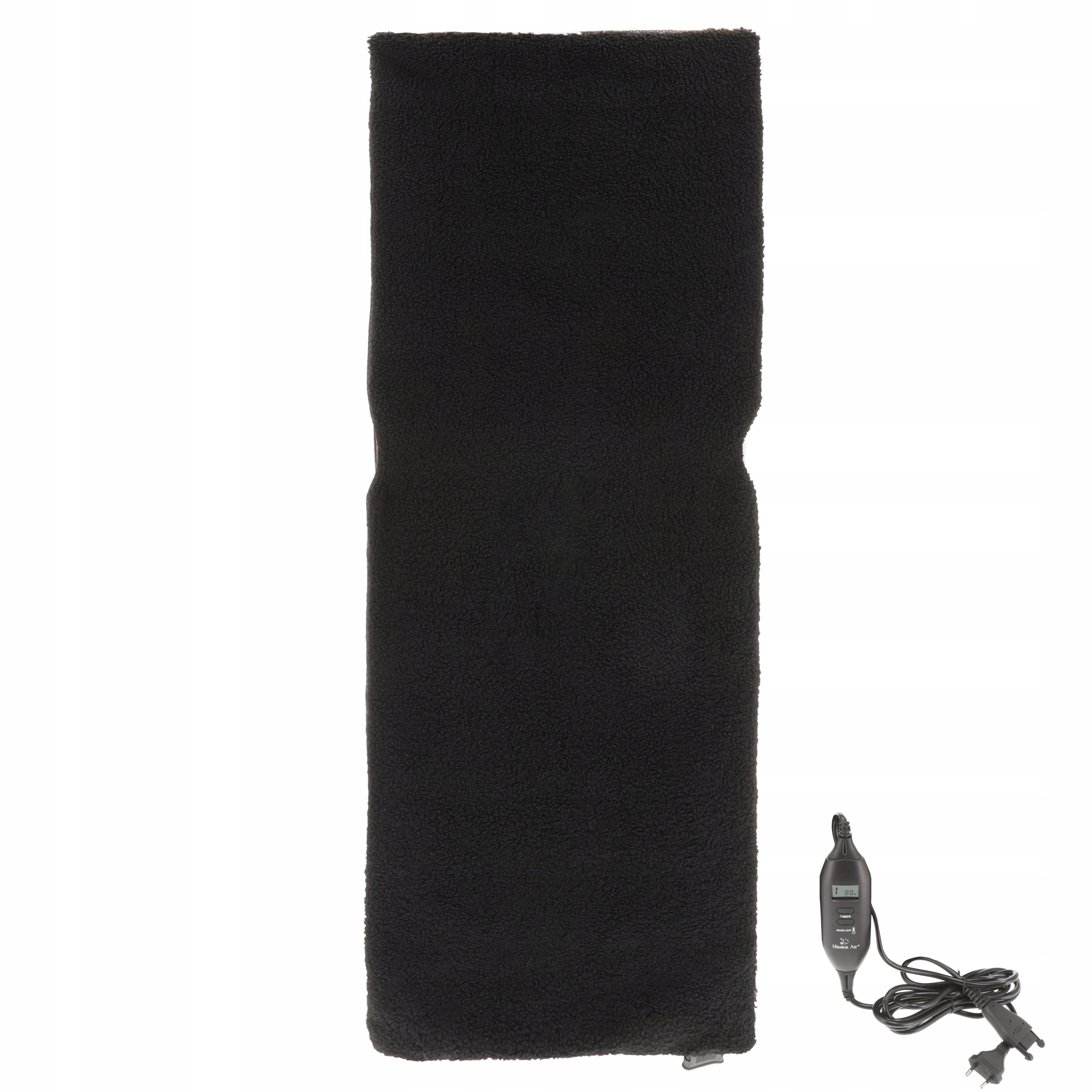 Czarny podgrzewacz z kontrolerem i przewodem zasilającym, na białym tle.