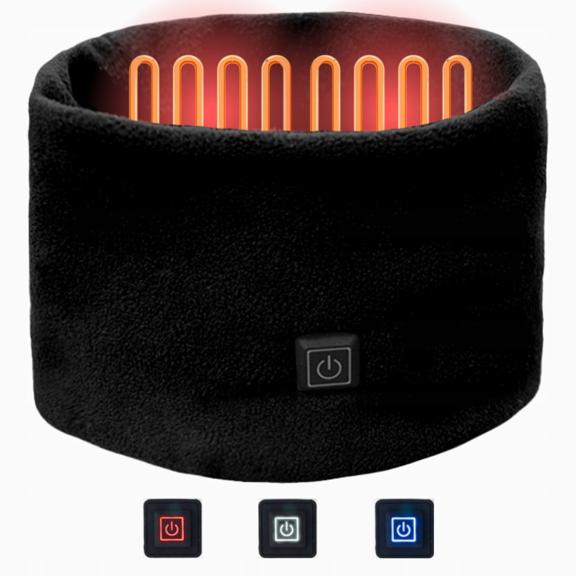 Czarny podgrzewany ochraniacz na szyję z przyciskiem zasilania i wewnętrznymi elementami grzejnymi. Pokazano trzy warianty kolorystyczne przycisku zasilania.