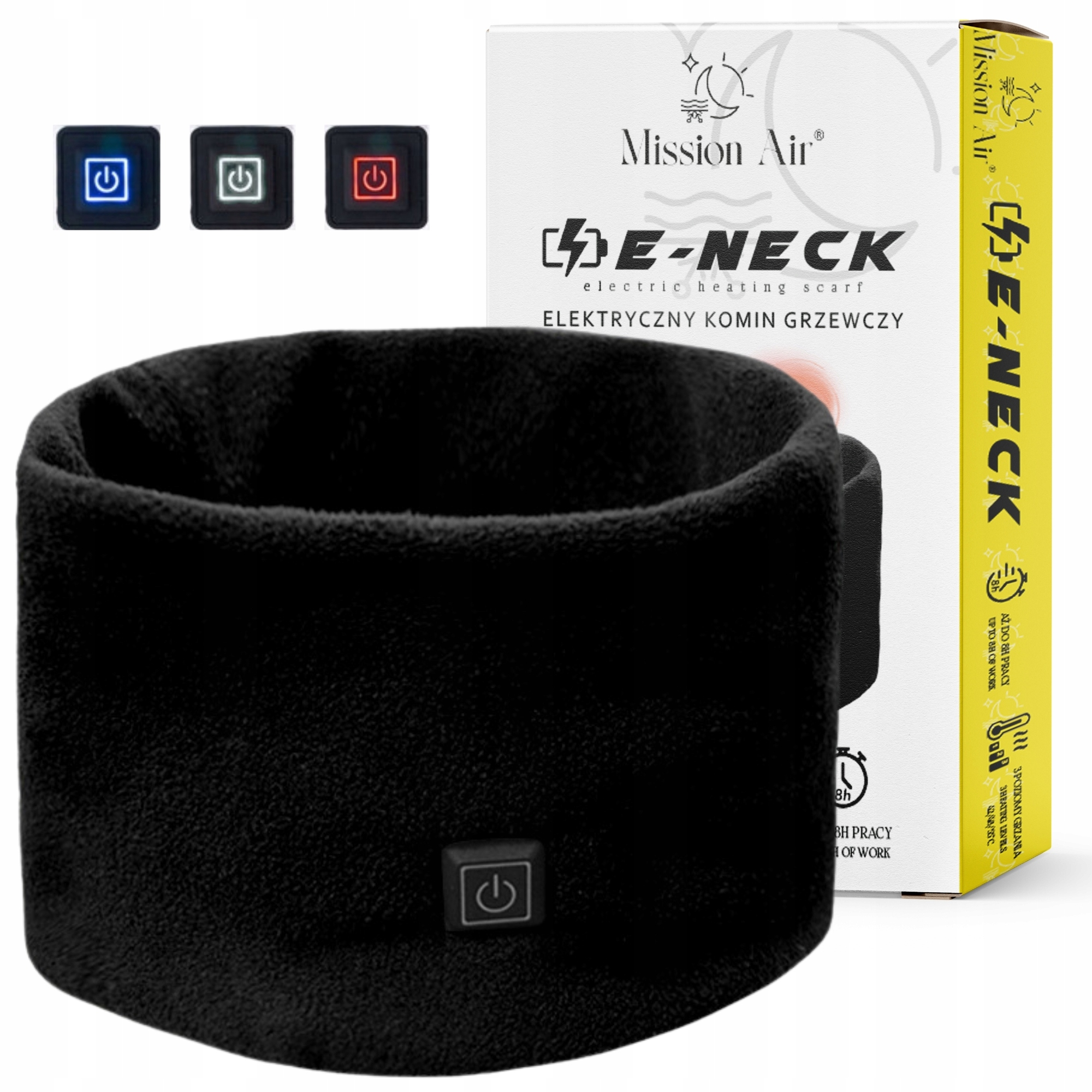 Czarny podgrzewany szalik na szyję z przyciskiem zasilania i pudełkiem z nazwą marki.