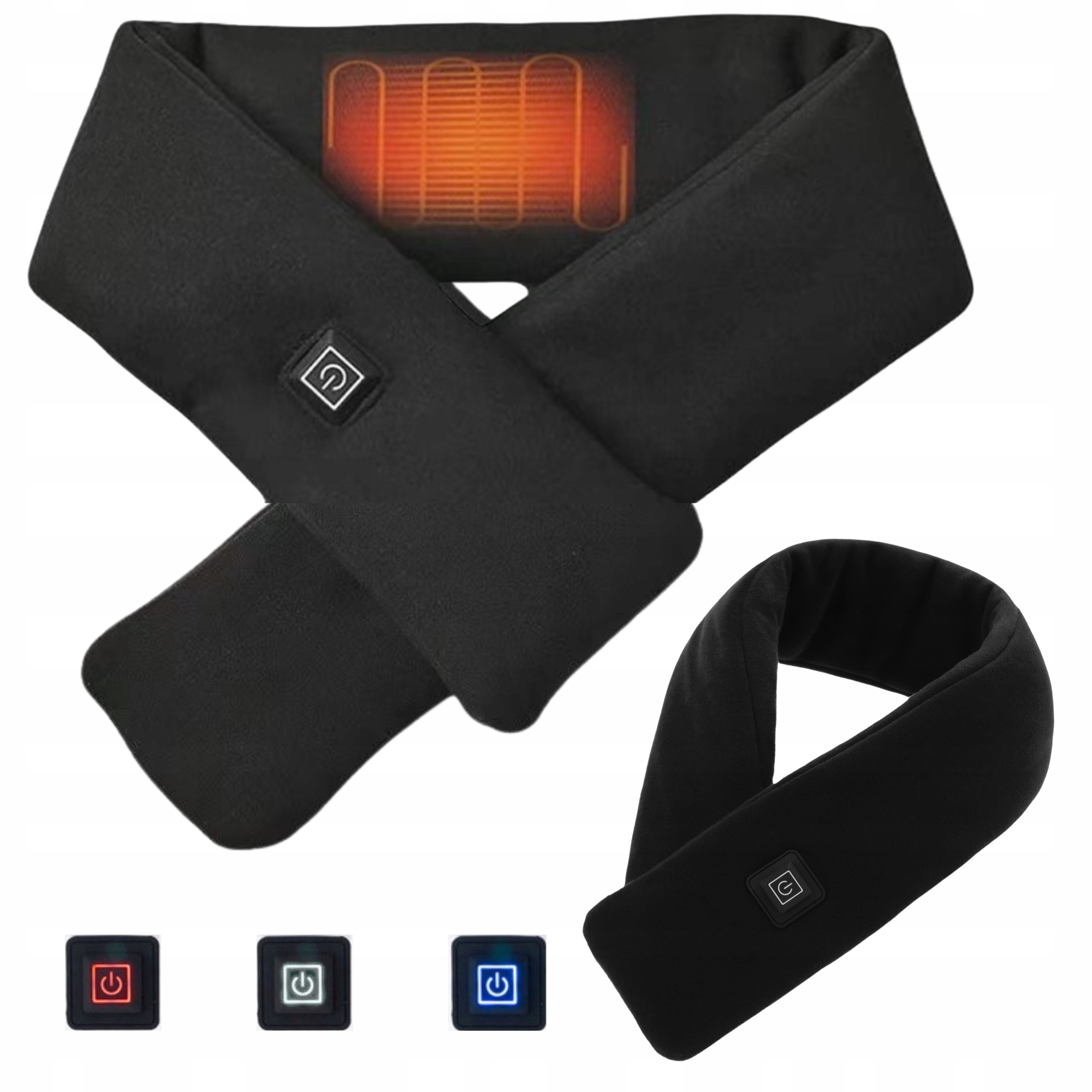 Czarny podgrzewany szalik z przyciskiem zasilania i wskaźnikiem elementu grzejnego. Wyświetlane są trzy opcje kolorów przycisku zasilania.