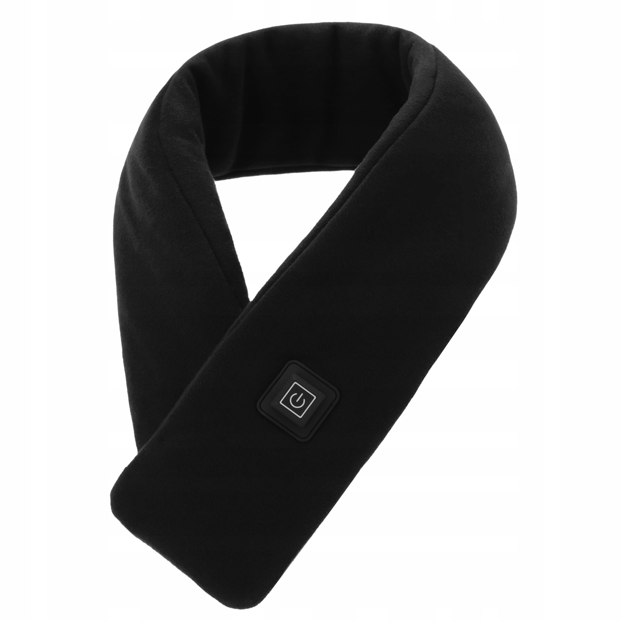 Wyświetlana jest czarna, podgrzewana szalik. Ma przycisk zasilania. Tło jest białe.