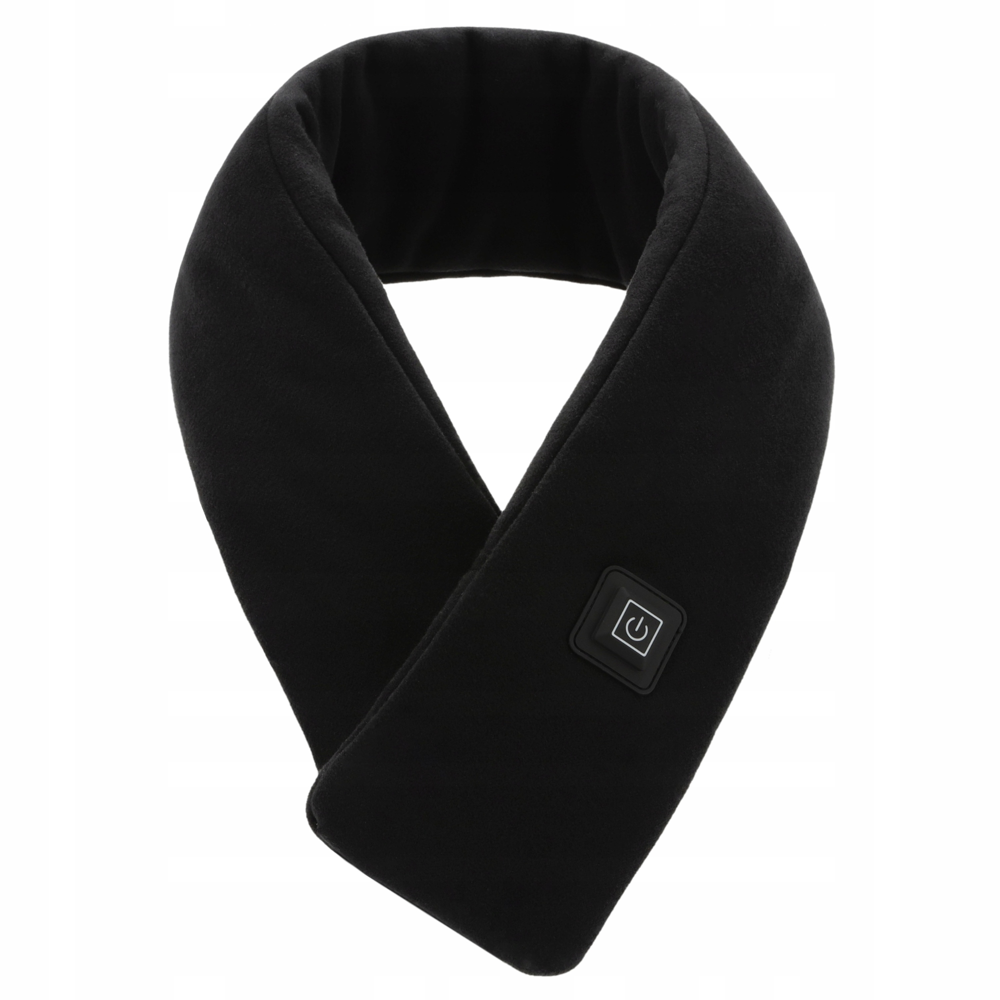 Wyświetlana jest czarna, podgrzewana szalik. Ma przycisk zasilania i jest na białym tle.
