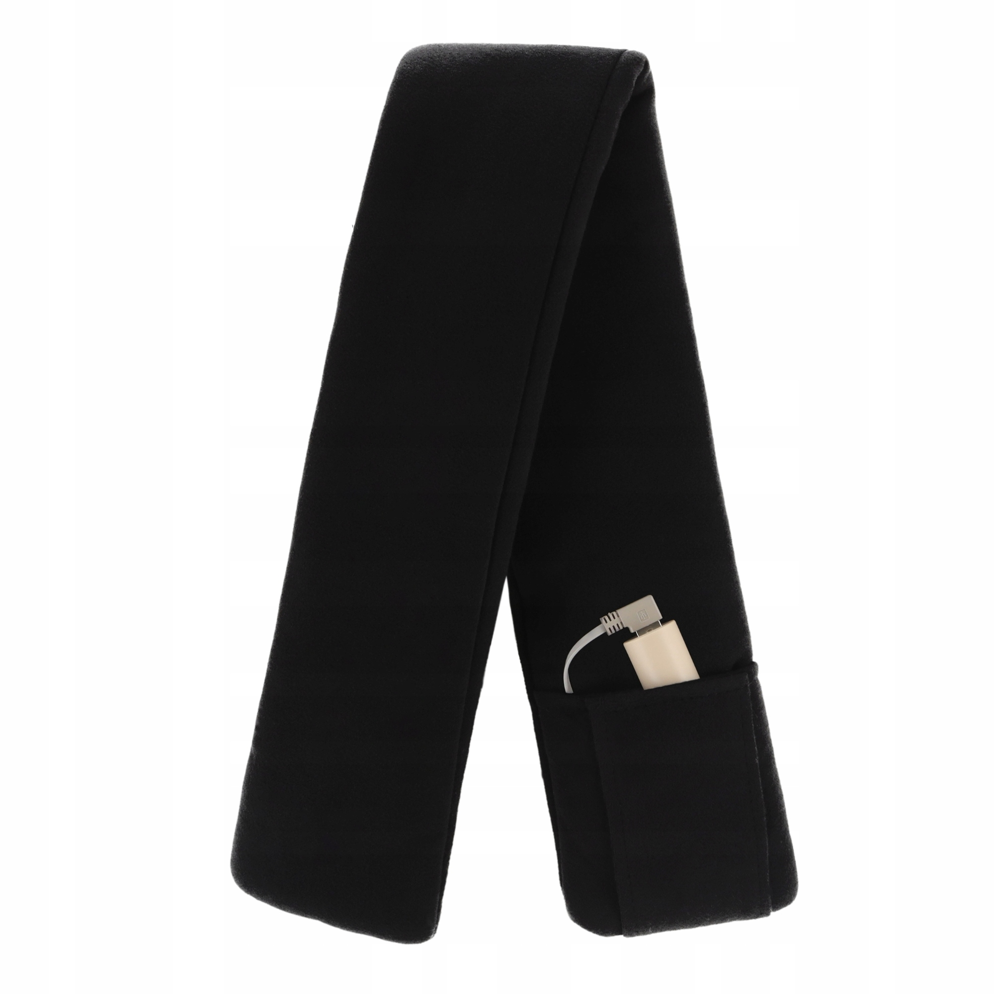 Czarny szalik z kieszenią. Kabel USB i biały blok ładujący widoczne w kieszeni.