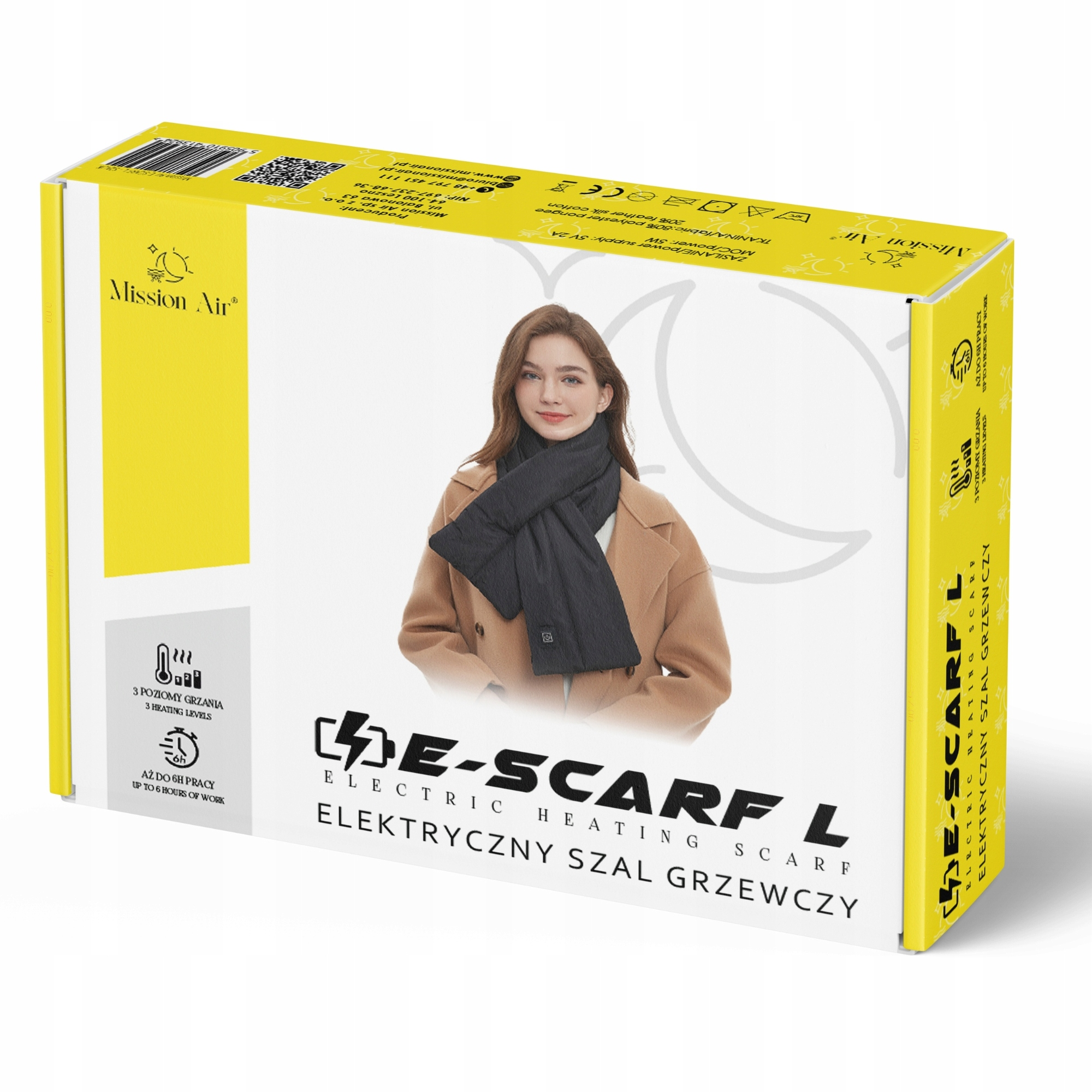 Kobieta nosi czarny szalik. Na pudełku nazwa produktu. Żółte tło z napisami.