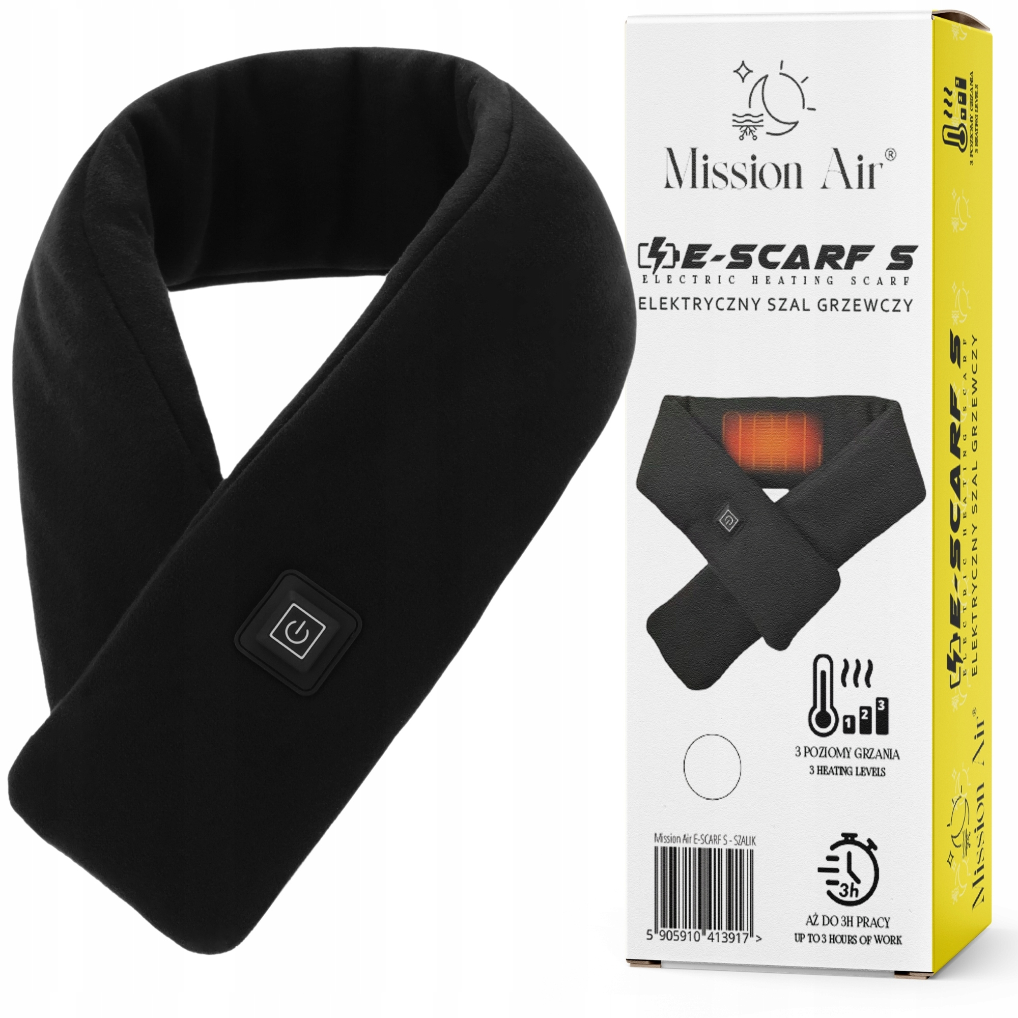 Czarny podgrzewany szalik z przyciskiem zasilania po lewej i pudełkiem produktu po prawej.