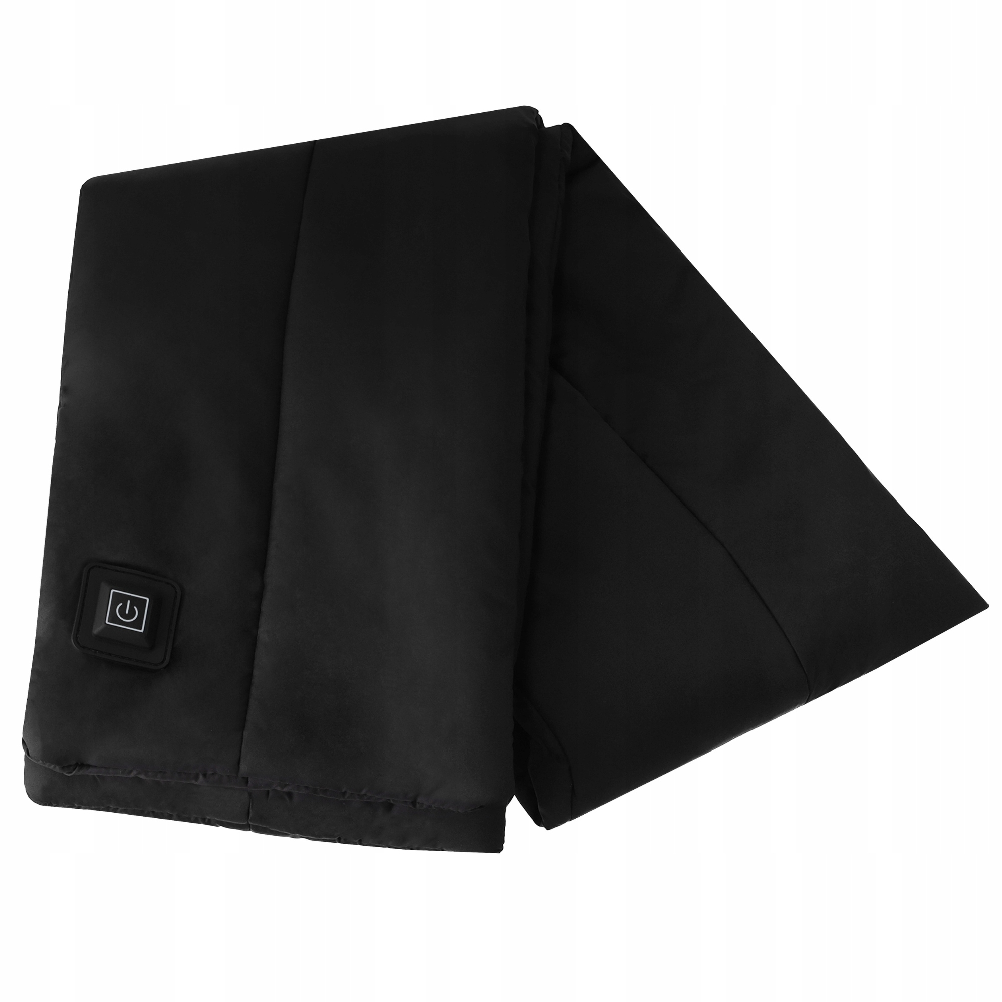 Czarny, złożony, podgrzewany koc z przyciskiem zasilania w rogu, na białym tle.