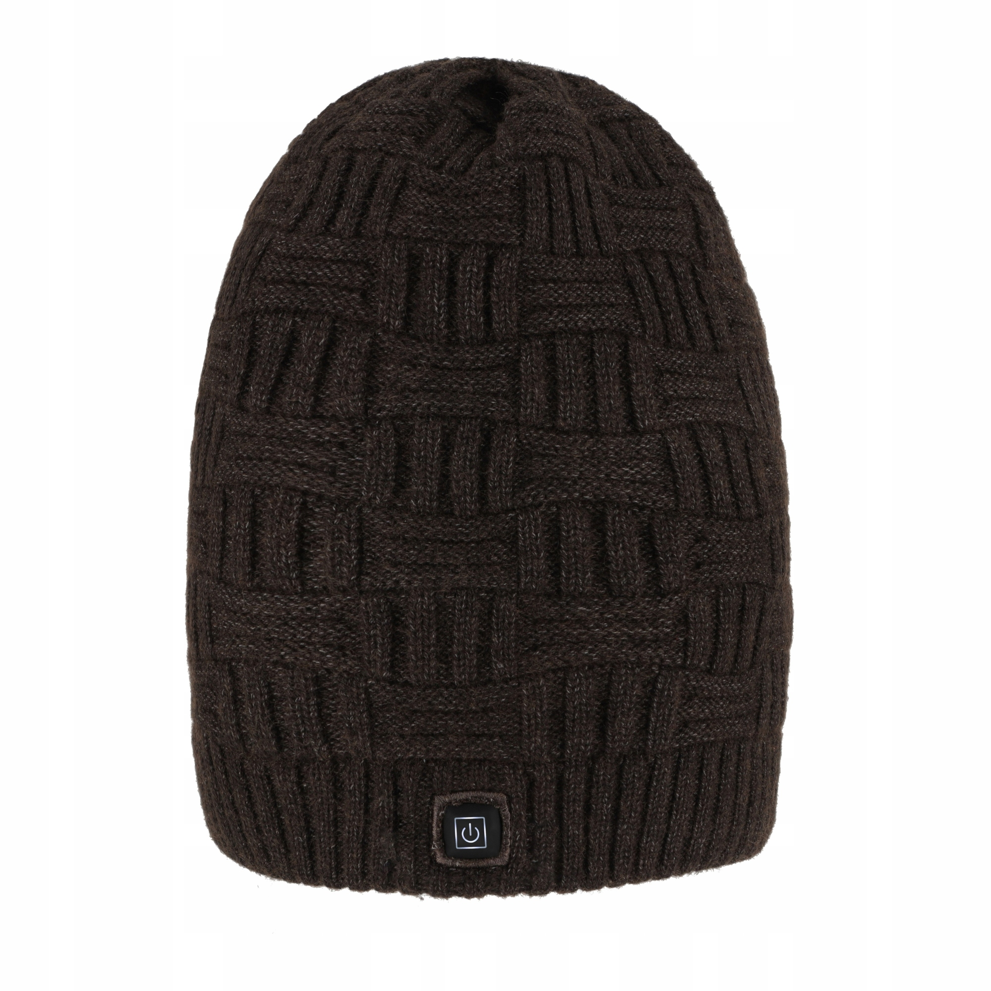 Ciemnobrązowa dzianinowa czapka z guzikiem zasilania z przodu.