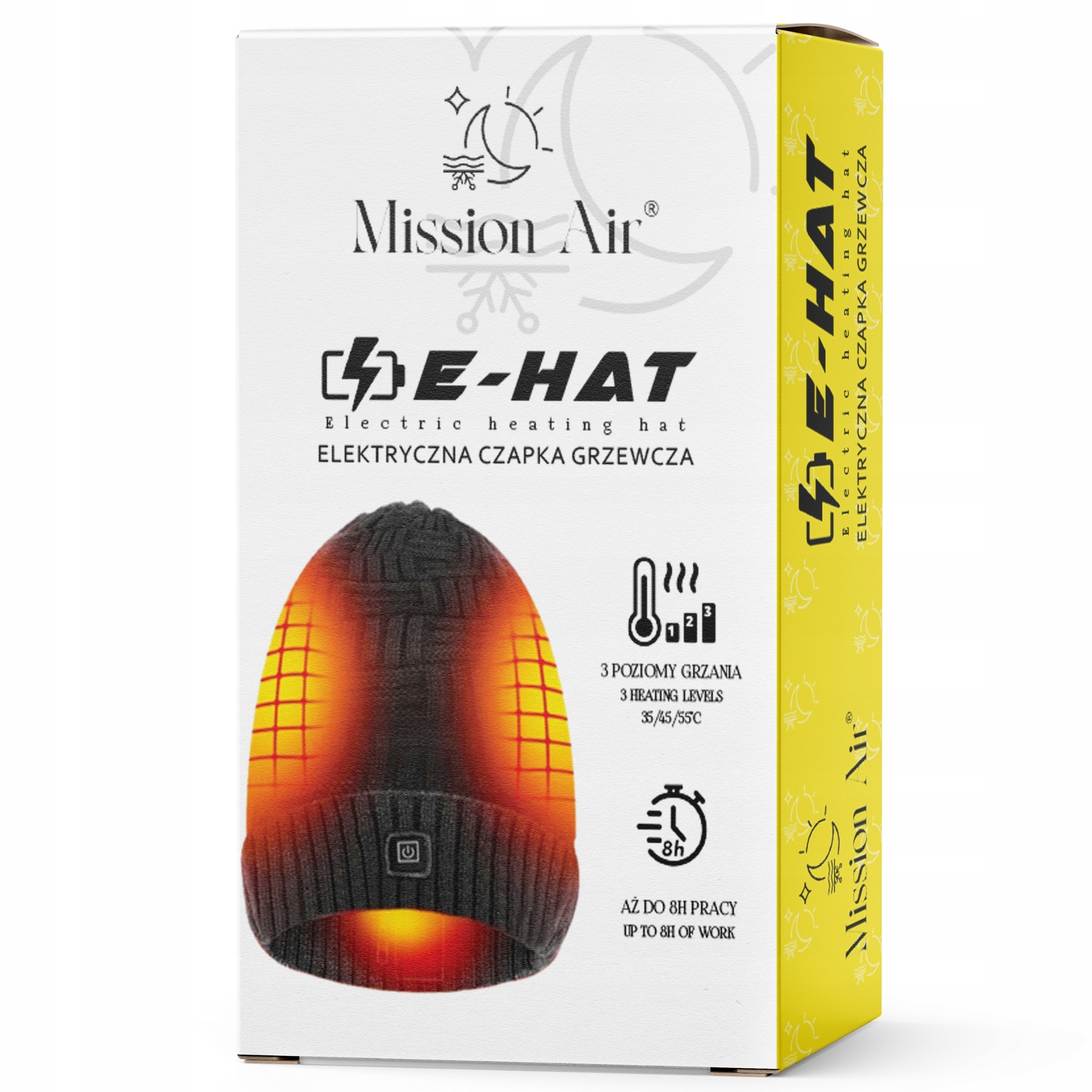 Pudełko z podgrzewaną czapką. Czapka jest czarna i pomarańczowa, z marką 'Mission Air'.