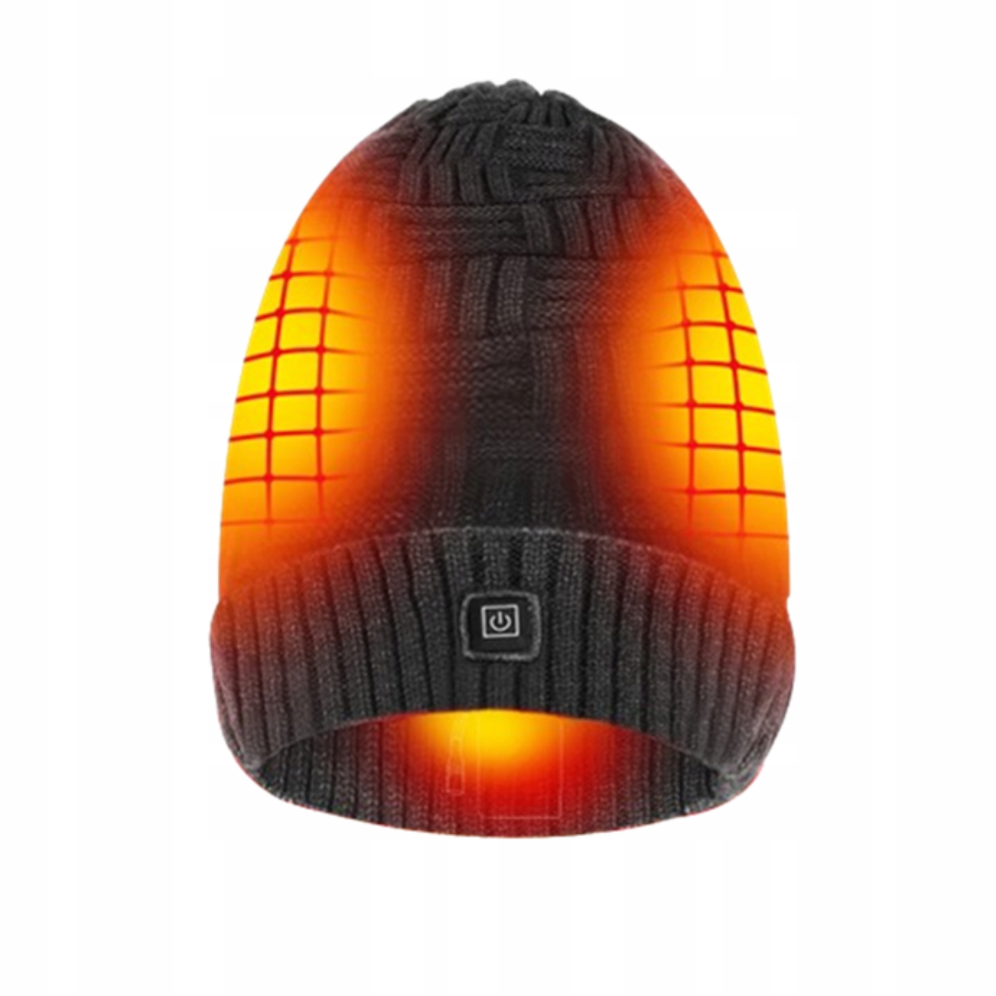 Ciemnoszara dzianinowa czapka z wewnętrznym ogrzewaniem. Czapka ma przycisk zasilania i pomarańczowy wzór kratki.