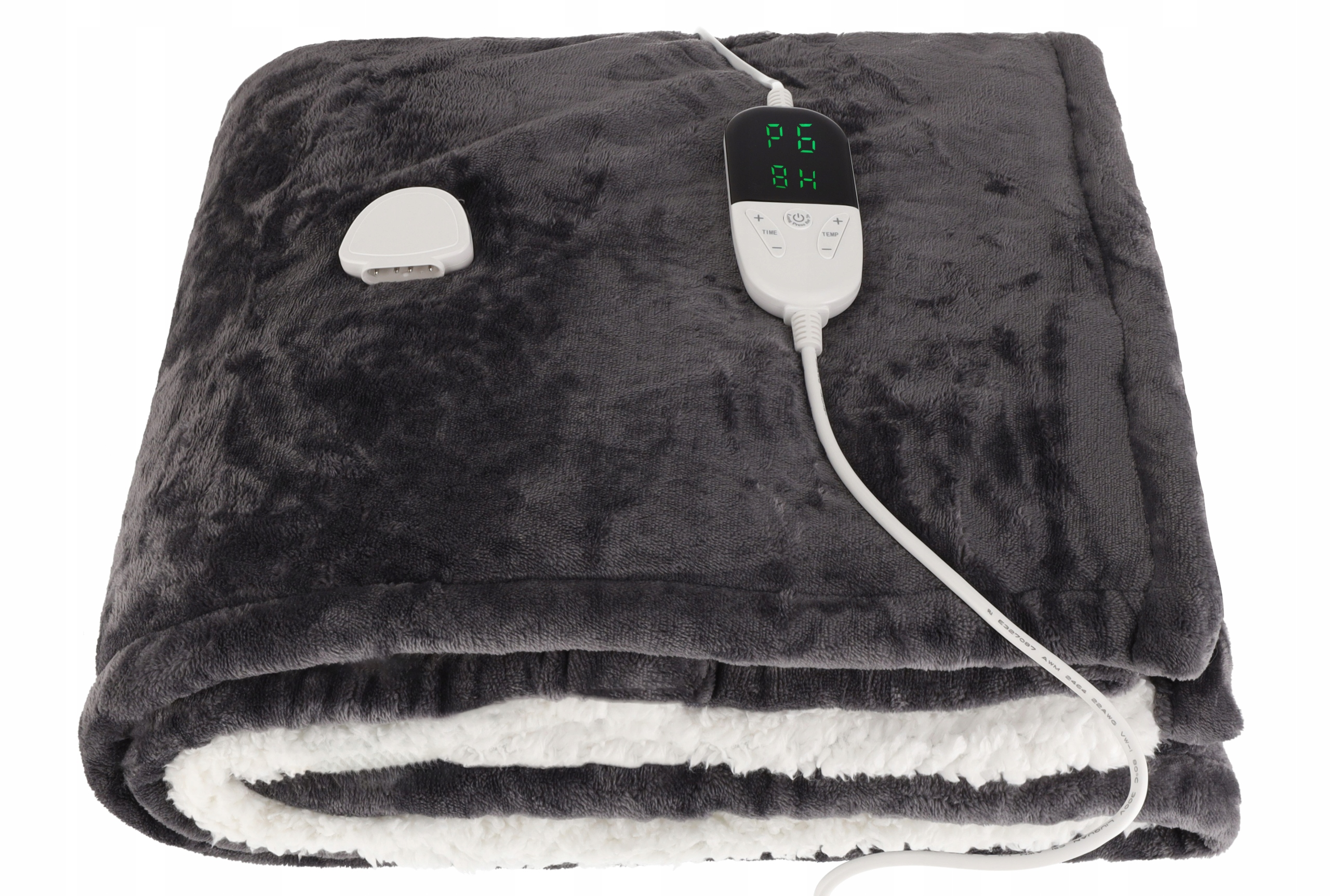 Szary koc elektryczny z białym kontrolerem pokazującym ustawienia i białym kablem. Koc ma biały, puszysty spód.