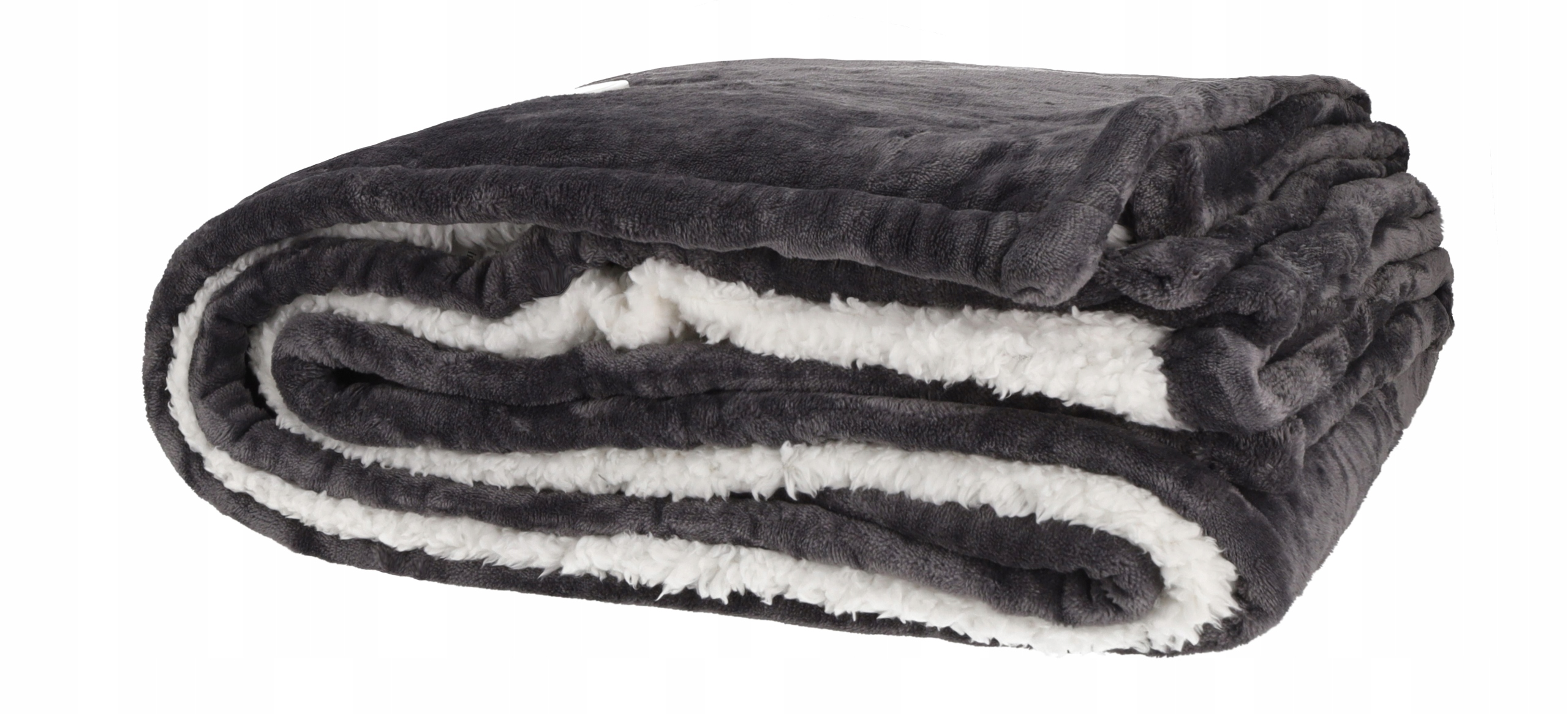 Złożony koc. Ma ciemnoszare i białe paski, tworząc miękki i przytulny wygląd.