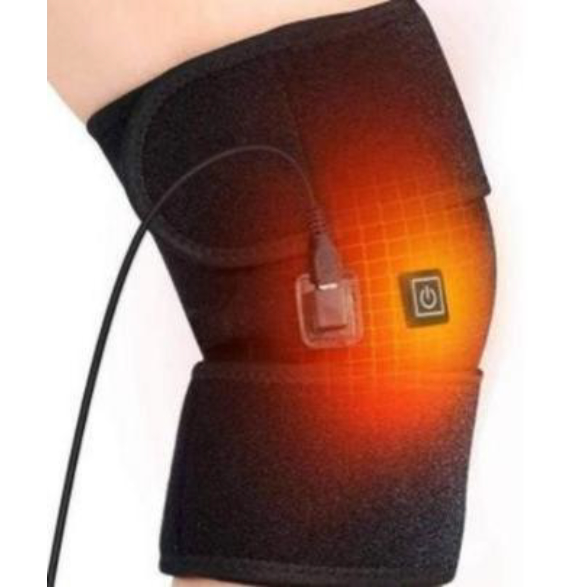 Czarna orteza kolana z przyciskiem zasilania i kablem USB, pokazująca efekt ogrzewania na kolanie.