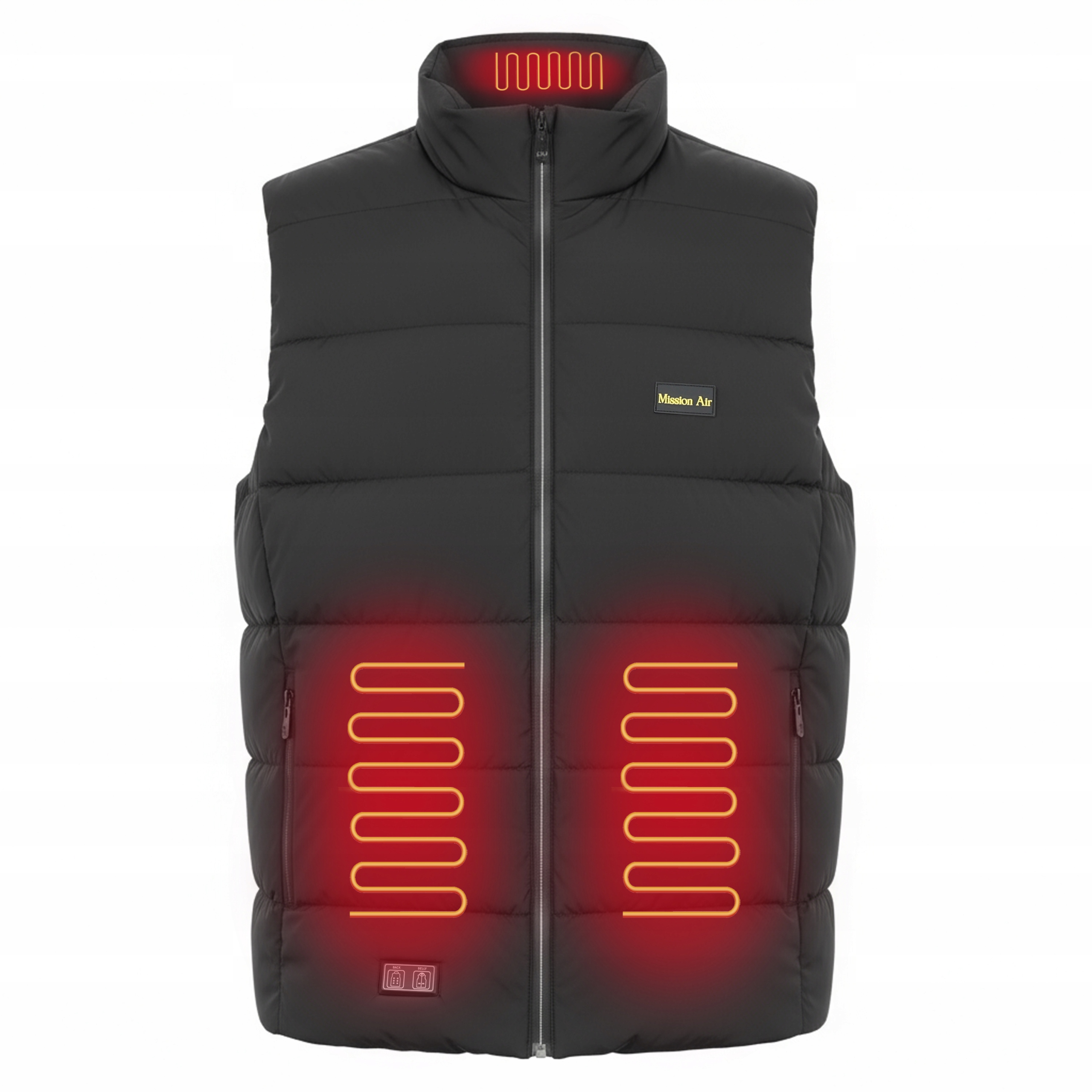 Czarna podgrzewana kamizelka z zamkiem błyskawicznym. Czerwone elementy grzewcze widoczne na szyi i tułowiu. Marka Mission Air.