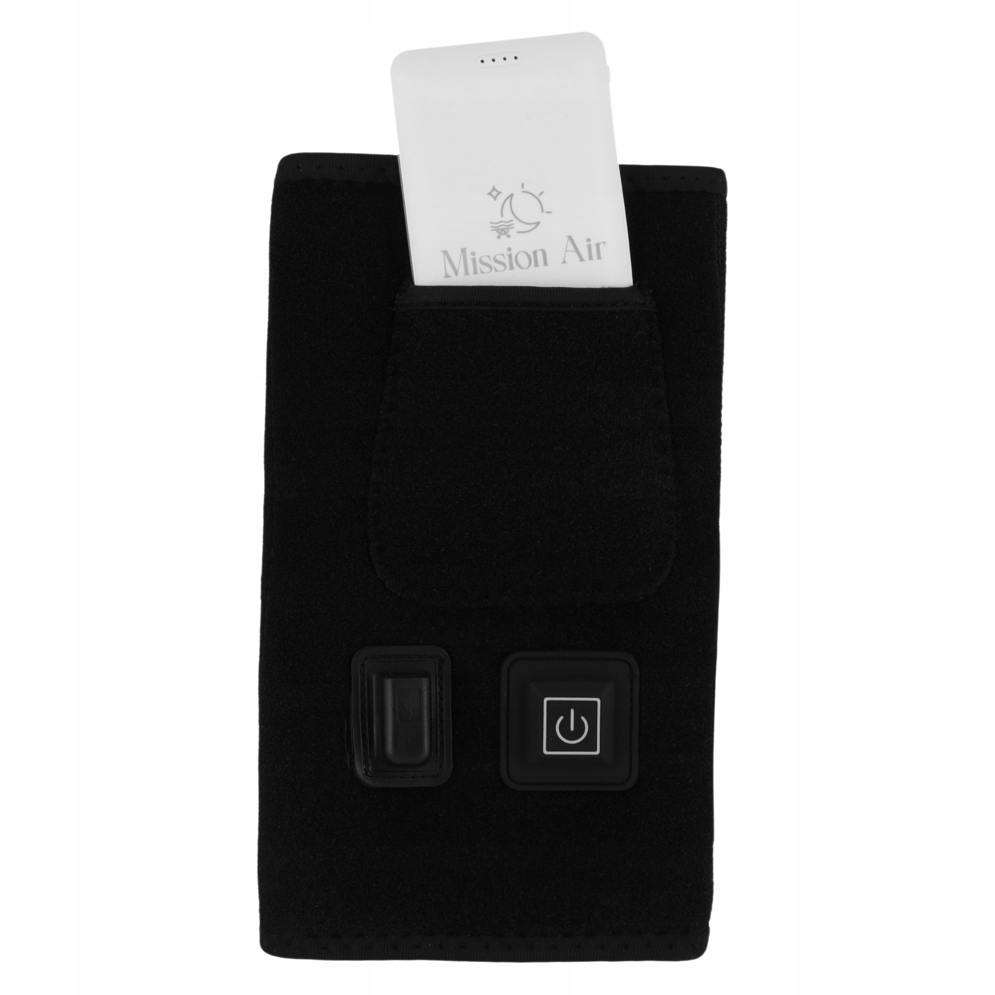 Czarne urządzenie z białą kartą w kieszeni. Karta ma logo. Zasilanie i drugi przycisk na urządzeniu.
