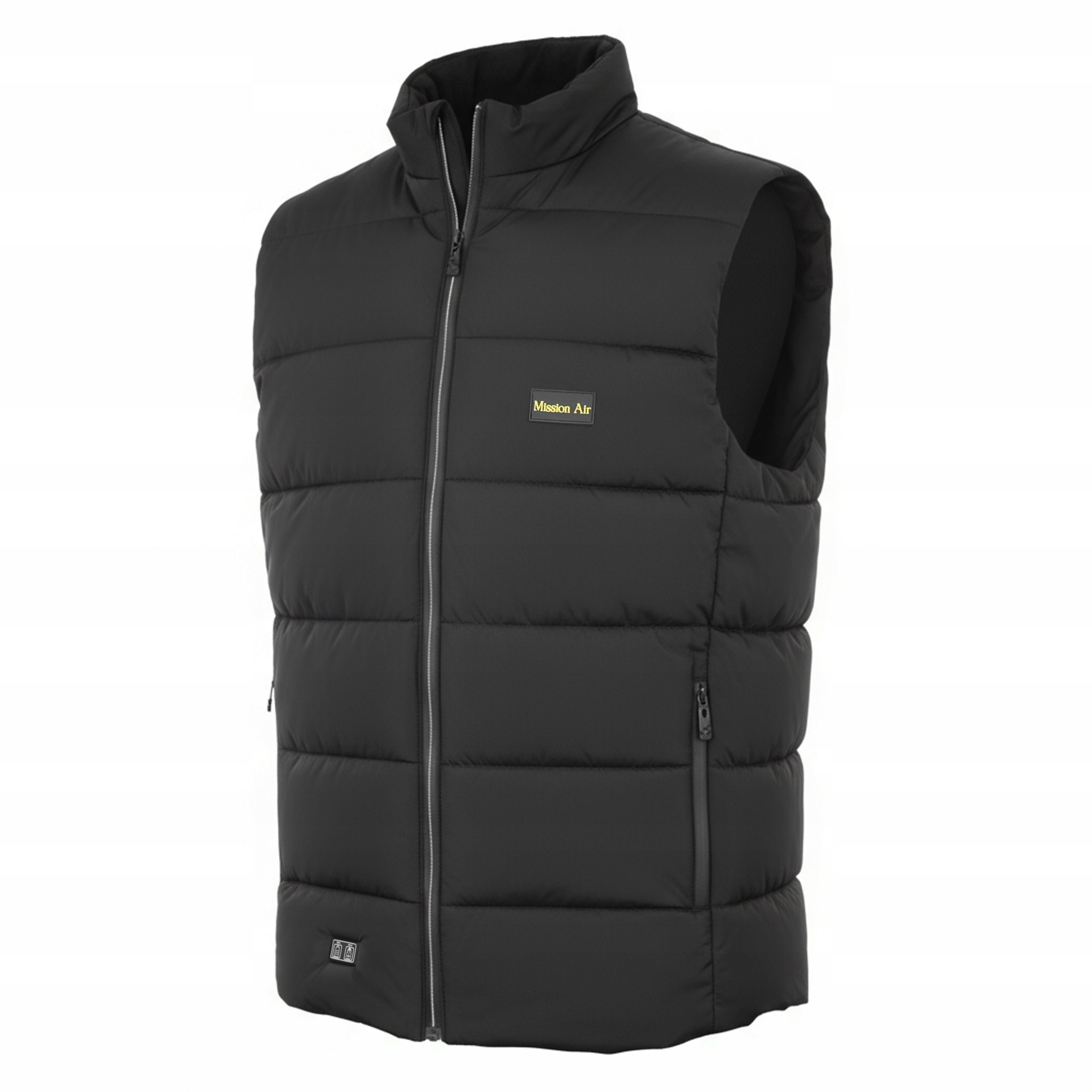 Czarna pikowana kamizelka z wysokim kołnierzem i zamkiem błyskawicznym. Kamizelka ma etykietę Mission Air.