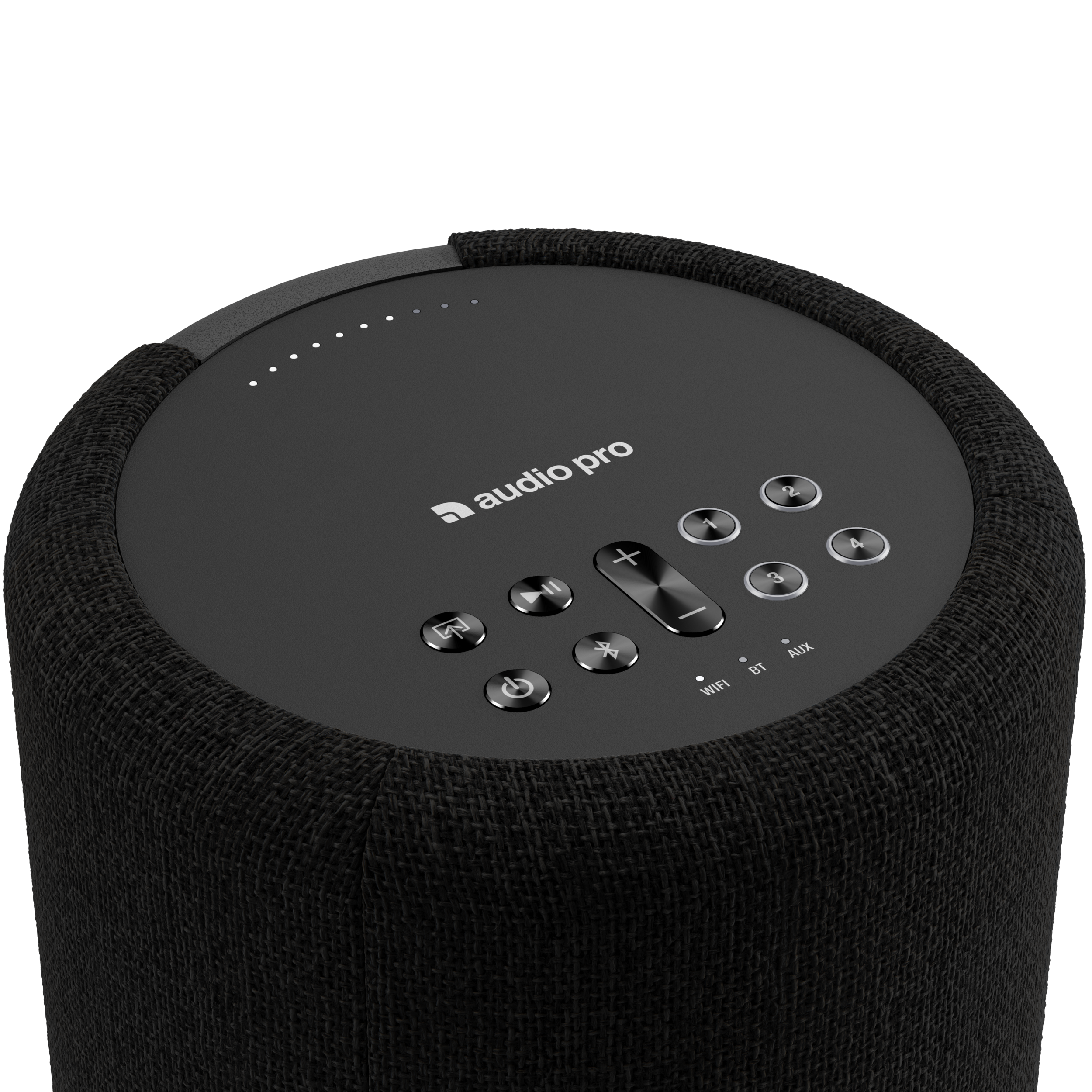 Zwarte cilindrische luidspreker met knoppen en het Audio Pro-logo op een zwarte achtergrond.