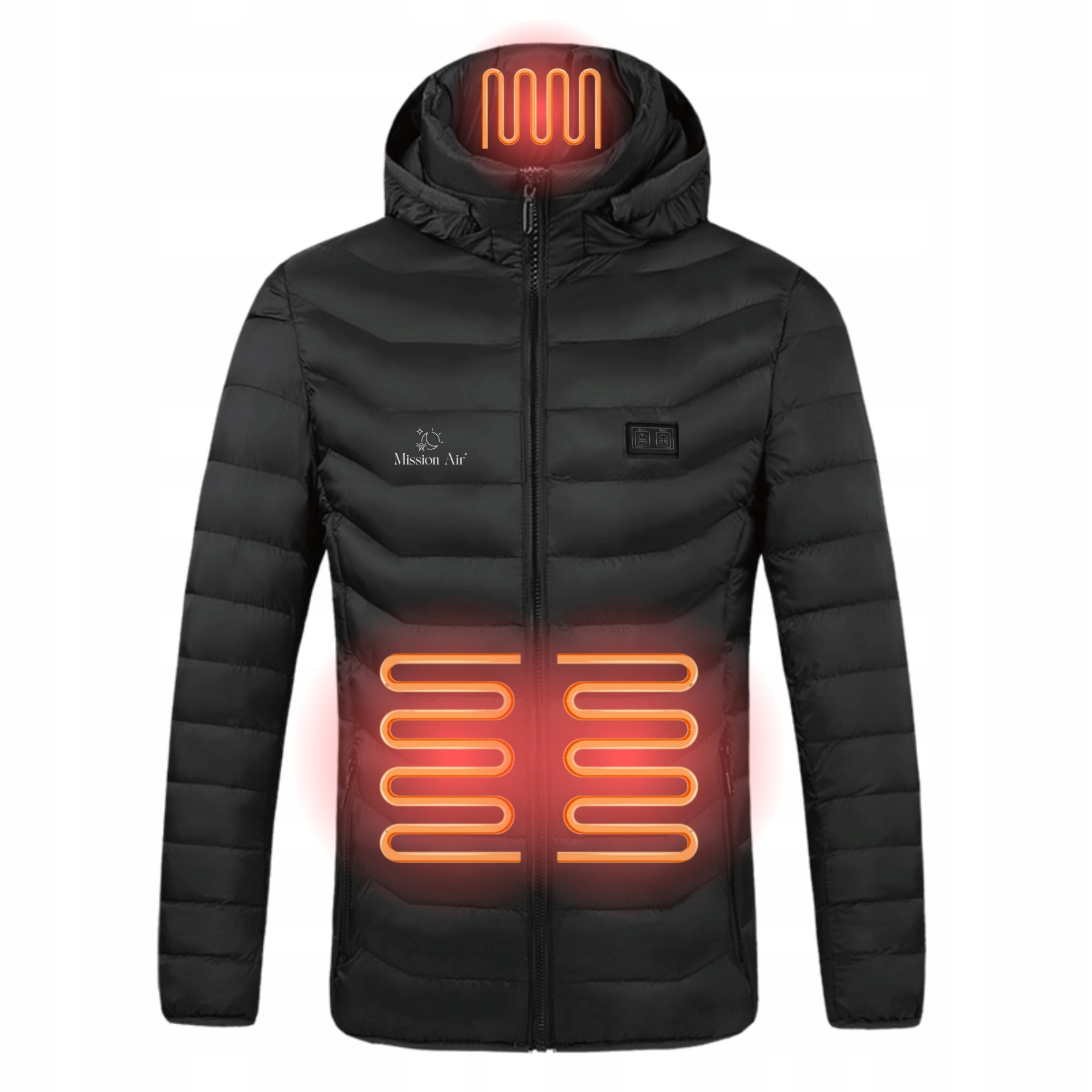 Czarna kurtka z kapturem i podgrzewaniem. Posiada logo Mission Air i czerwone elementy grzewcze na szyi i tułowiu.