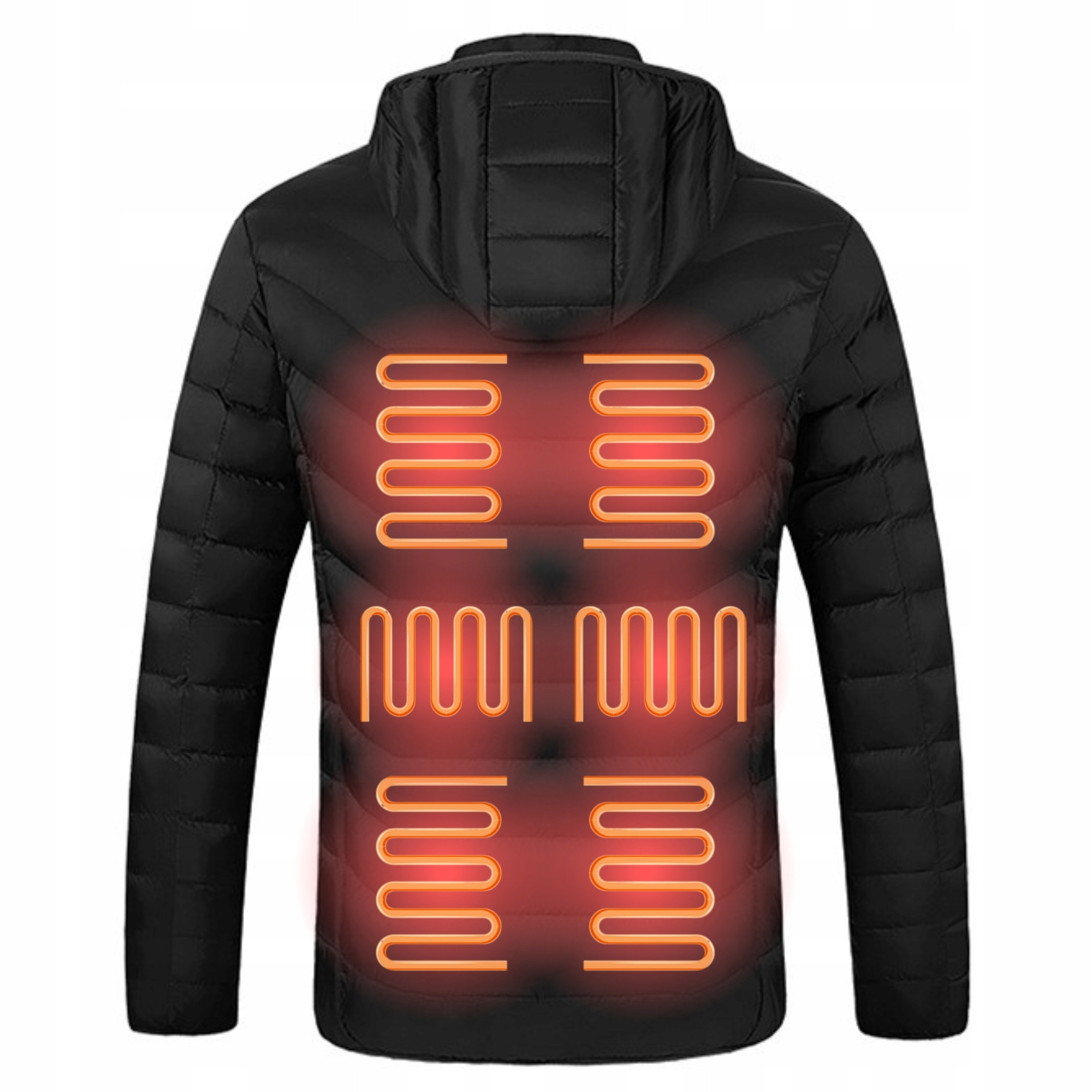 Czarna kurtka z podgrzewaniem. Pomarańczowe elementy grzewcze są widoczne na plecach. Ma kaptur.