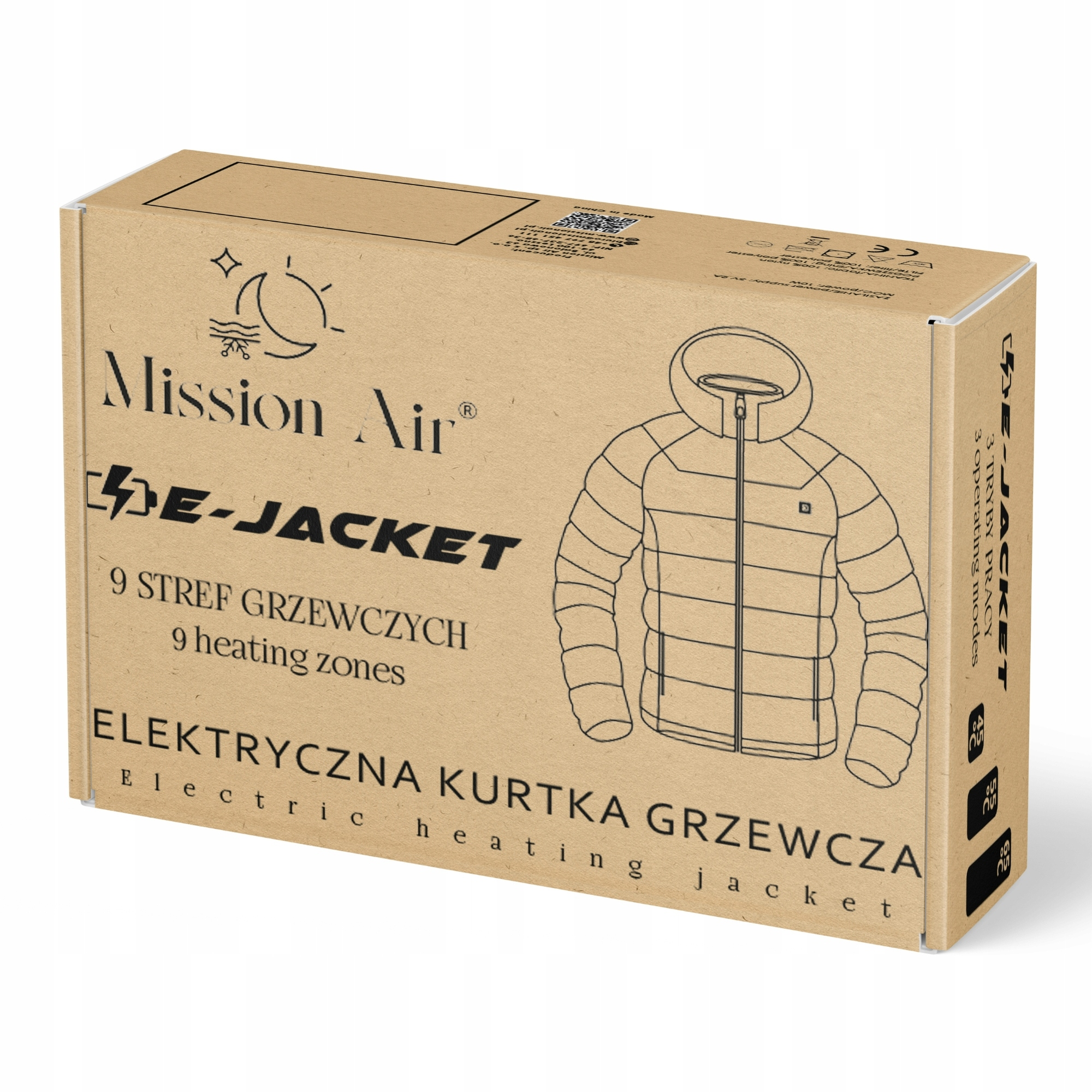Karton przedstawia czarny zarys ogrzewanej kurtki. Tekst brzmi 'Mission Air', 'E-JACKET' i 'Elektryczna kurtka grzewcza'.