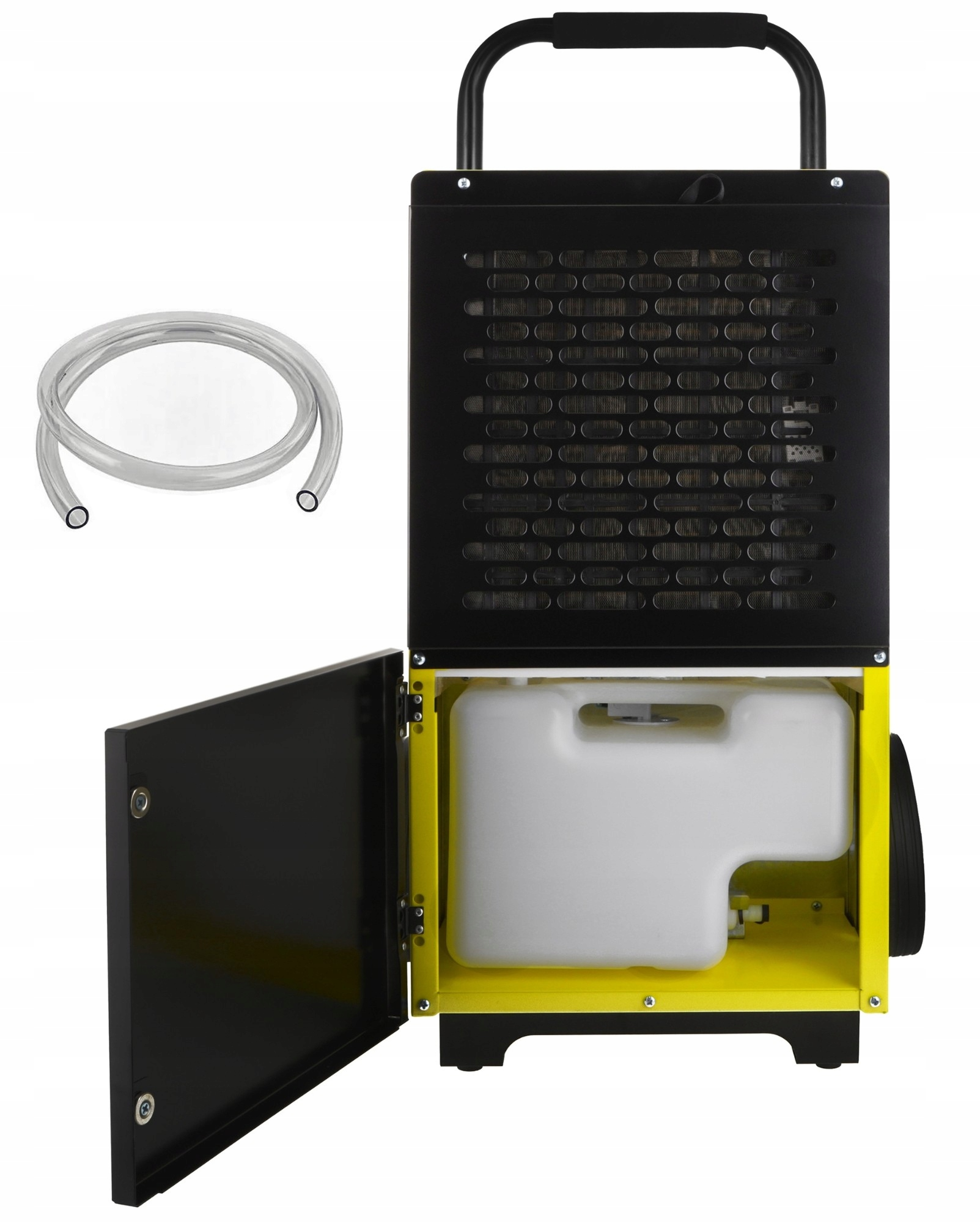 Osuszacz z czarną i żółtą obudową, otwartymi drzwiami, zbiornikiem na wodę i przezroczystą rurką. Uchwyt na górze.