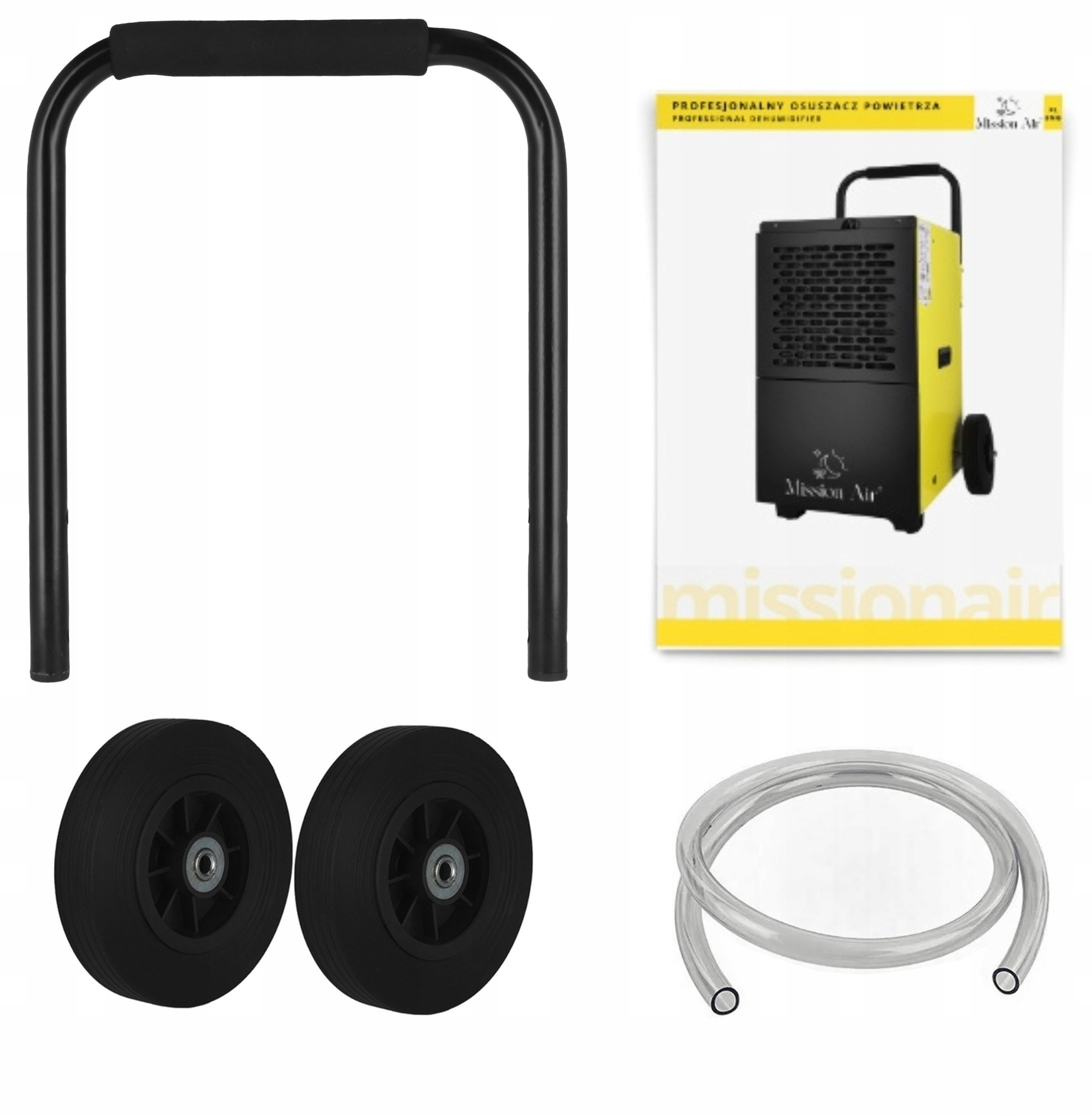 Części osuszacza: uchwyt, koła, wąż i zdjęcie żółto-czarnej maszyny do osuszania.