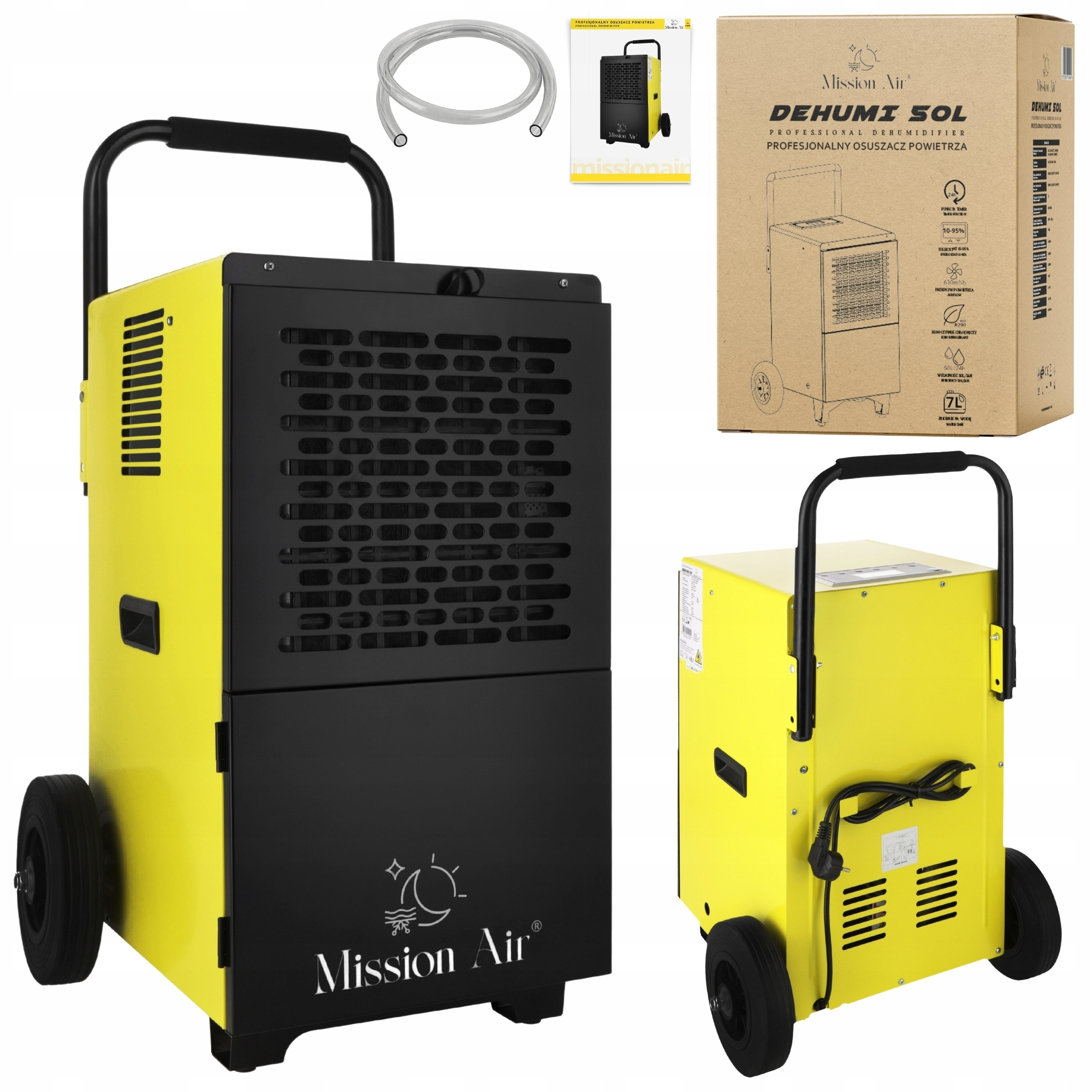 Żółto-czarny osuszacz na kółkach, z pudełkiem i wężem. Marka to Mission Air.
