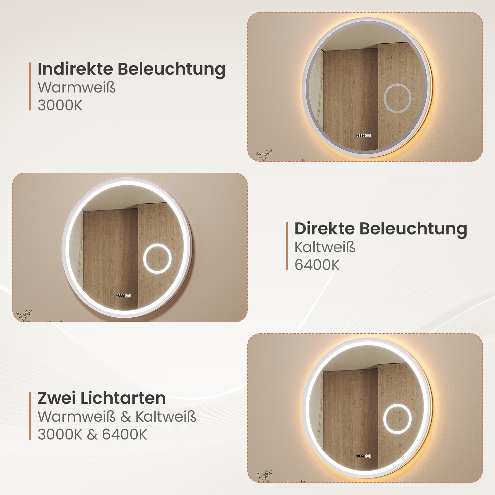 Das Bild zeigt drei beleuchtete runde Spiegel. Text weist auf indirekte und direkte Beleuchtung mit unterschiedlichen Farbtemperaturen hin.