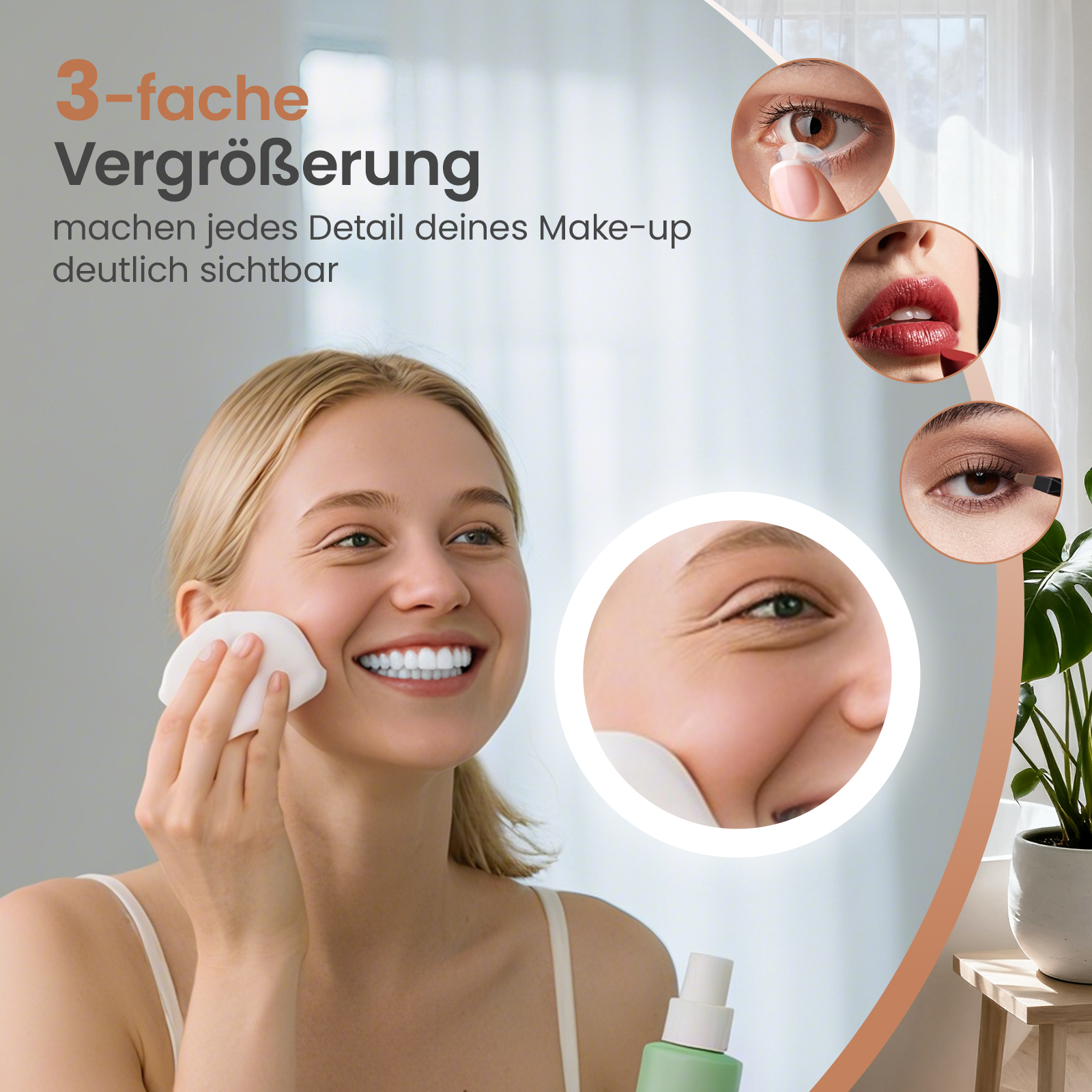 Blonde Frau reinigt Gesicht mit Wattepad, Nahaufnahmen von Augen, Lippen und Augen-Make-up; Text: 3x Vergrößerung.