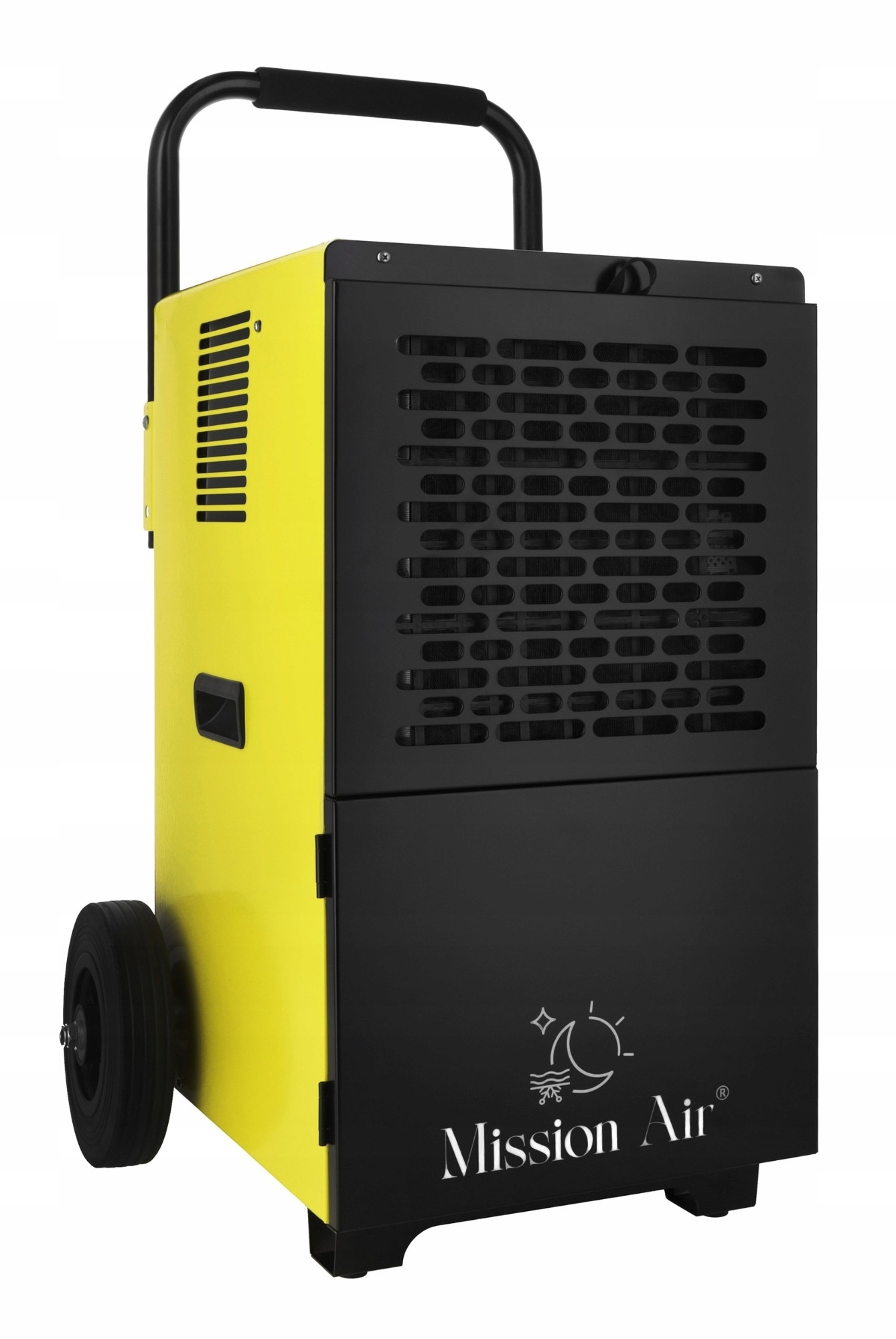 Żółty i czarny osuszacz powietrza z uchwytem i kołami. Marka 'Mission Air' jest widoczna z przodu.