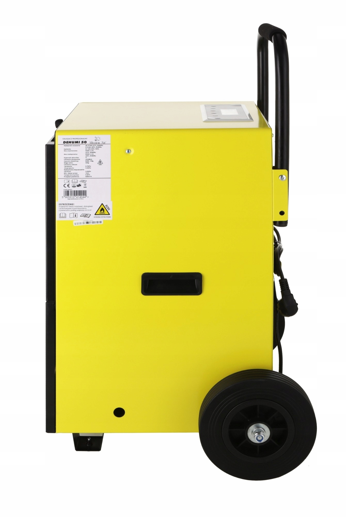 Żółty osuszacz z czarnymi kołami i uchwytem. Ma panel sterowania i naklejkę z informacjami.