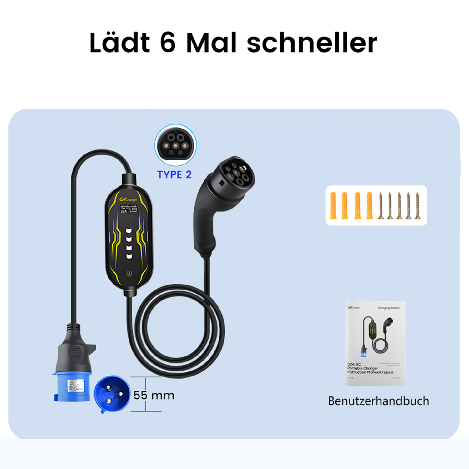 Ein EV-Ladegerät mit zwei Steckern, einem Handbuch und Schrauben. Text sagt 'Lädt 6 Mal schneller'. Das Ladegerät ist schwarz und gelb.