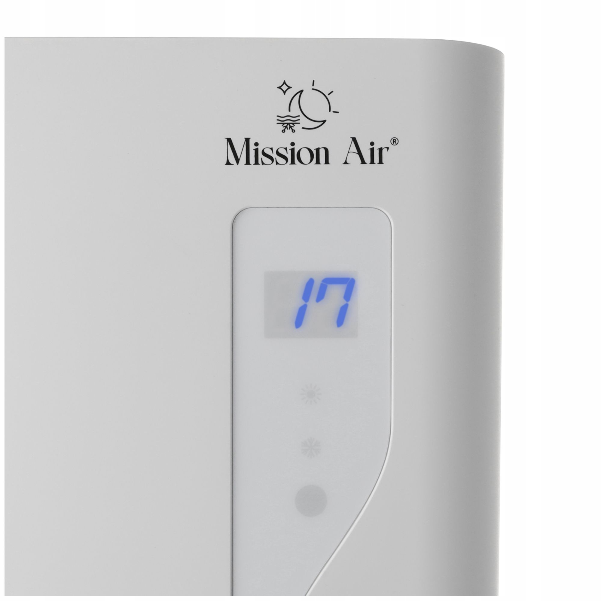 Biały klimatyzator z logo Mission Air i cyfrowym wyświetlaczem z niebieską liczbą 17.