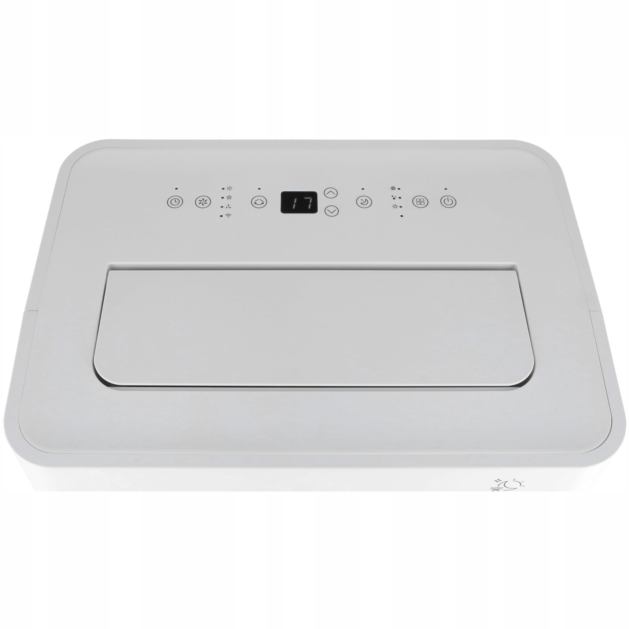 Biały oczyszczacz powietrza z panelem sterowania wyświetlającym '17'. Symbole wskazują ustawienia, z przednim wylotem.