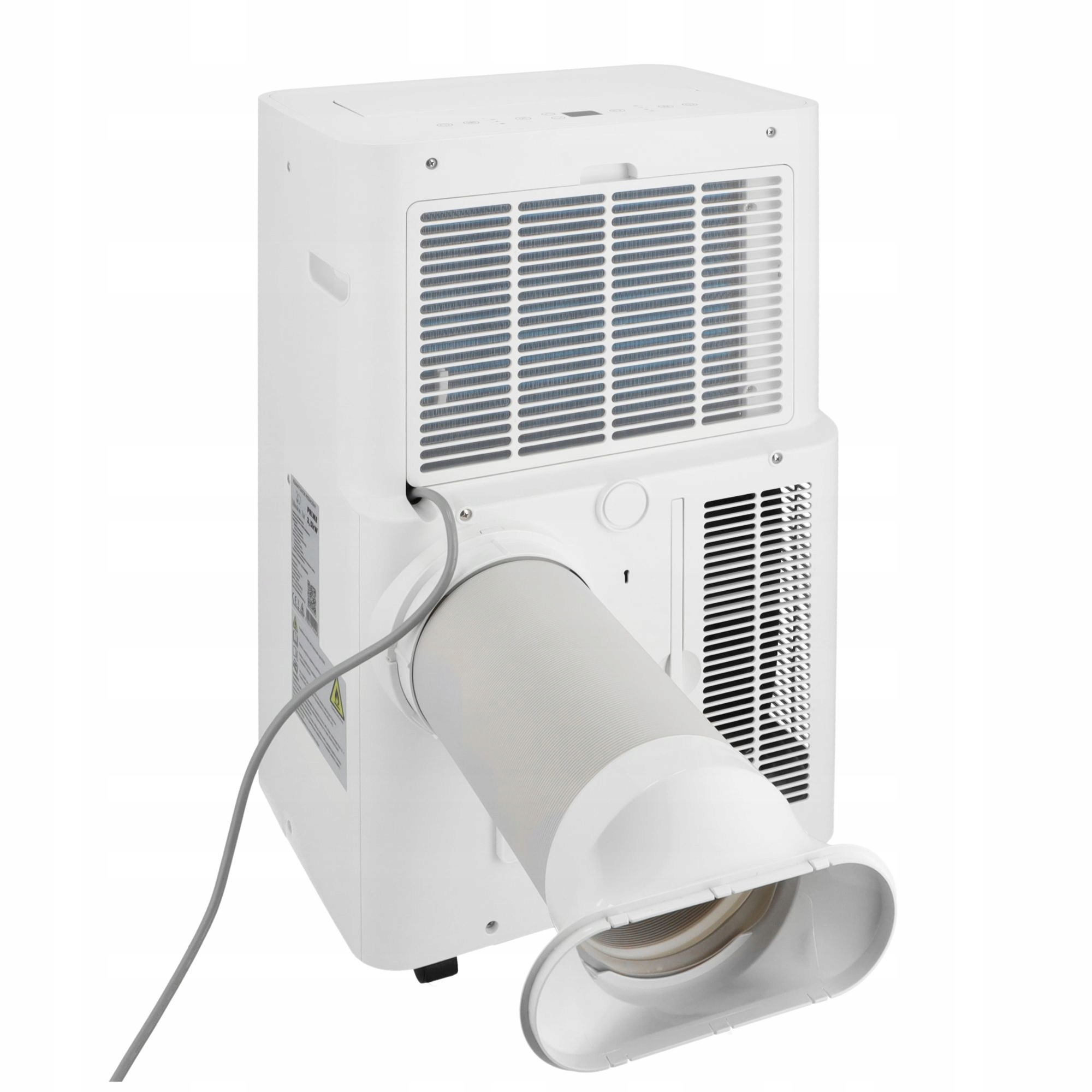 Biały przenośny klimatyzator z szarym wężem wylotowym. Urządzenie ma otwory wentylacyjne i panel sterowania.