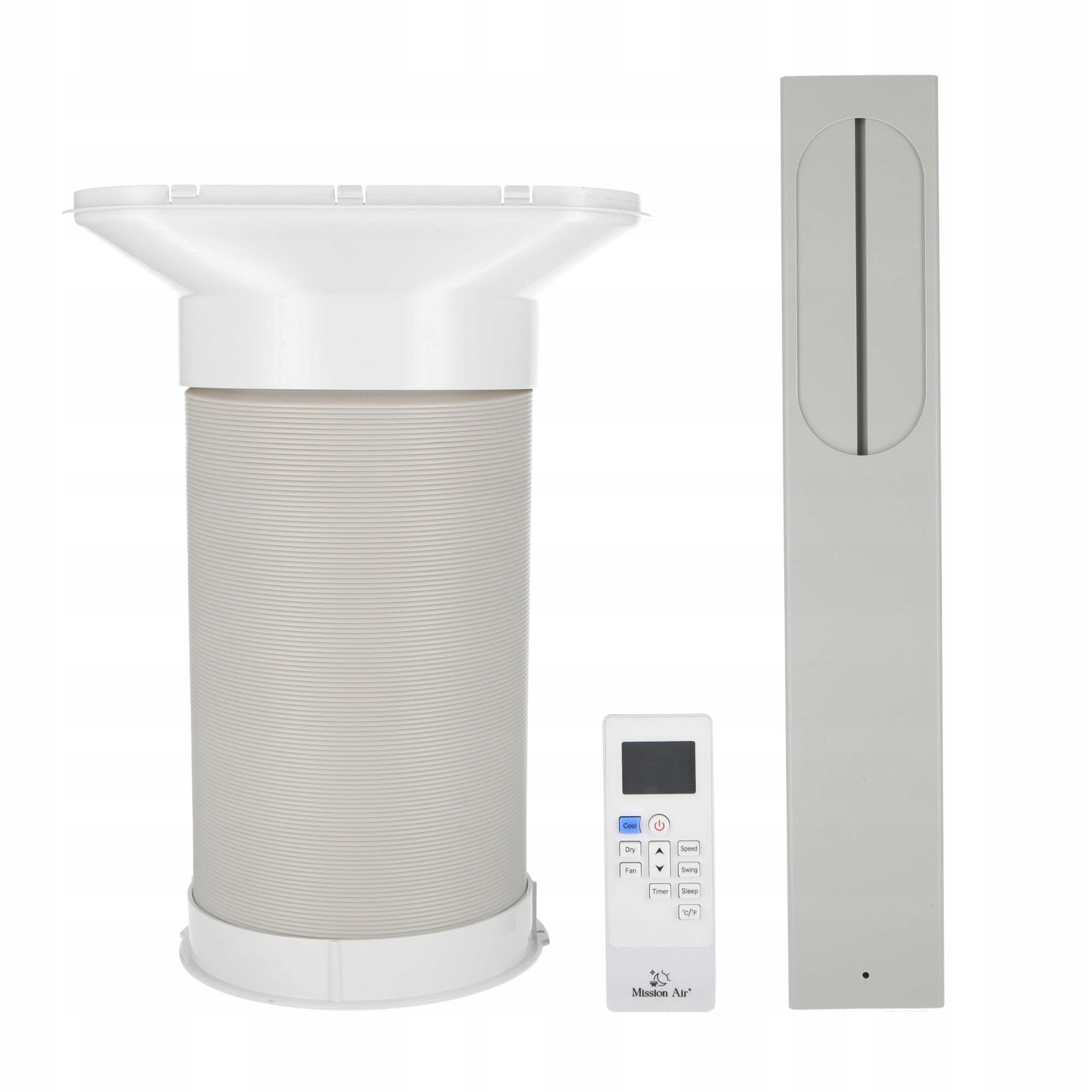 Przenośny klimatyzator z pilotem i wysokim, cienkim, jasnoszarym panelem. Urządzenie jest białe i ma elastyczny wąż.