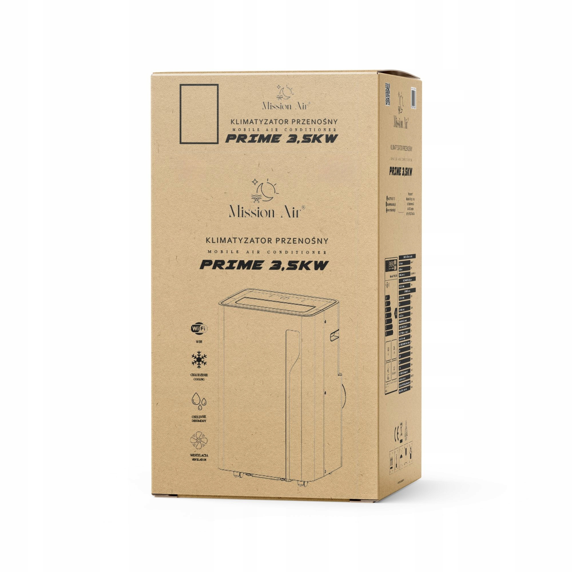 Kartonowe pudełko z ilustracją klimatyzatora przenośnego Mission Air i tekstem po polsku.