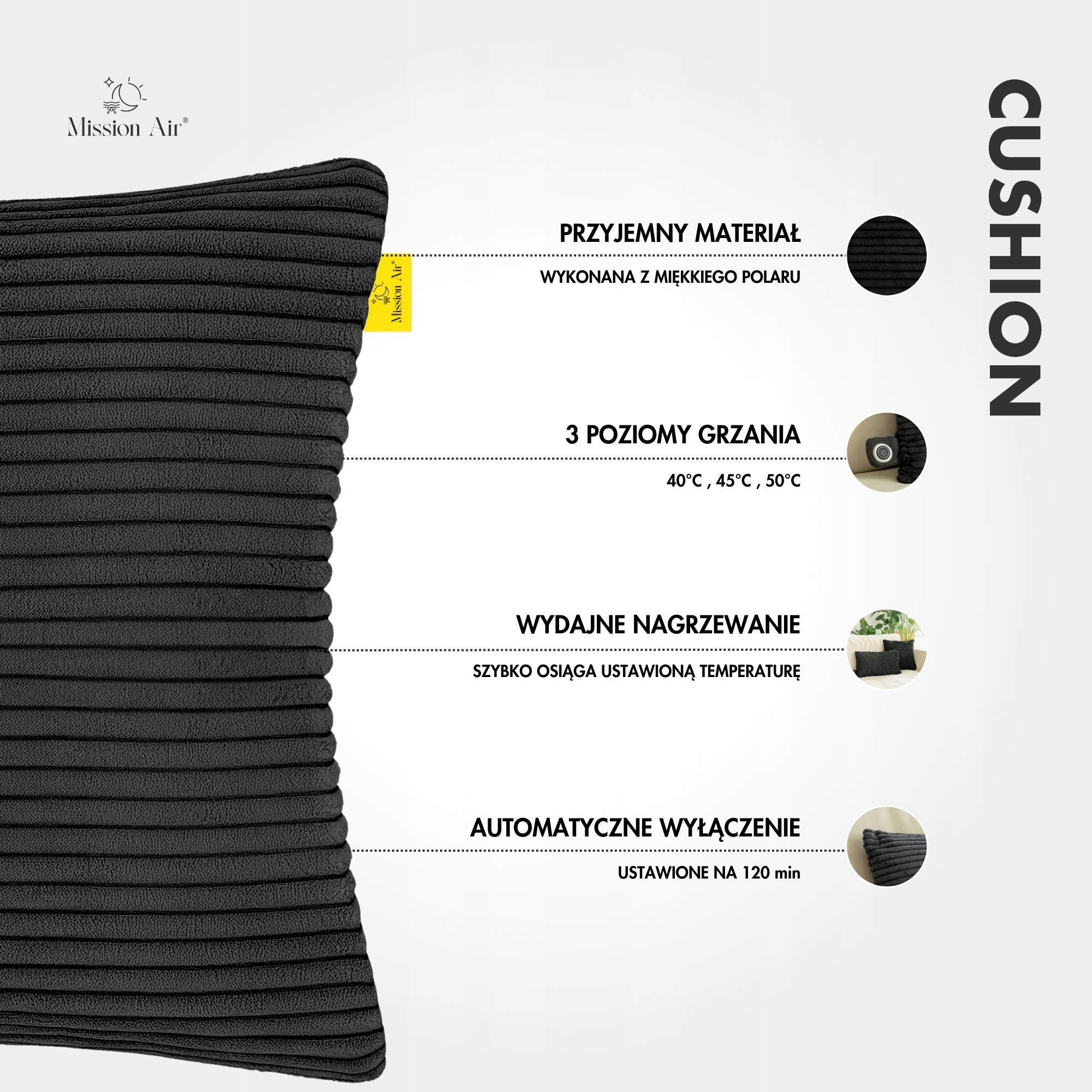 Czarna poduszka z poziomymi grzbietami. Szczegóły tekstu obejmują 'Mission Air', 'Cushion' i funkcje, takie jak poziomy ogrzewania i automatyczne wyłączanie.