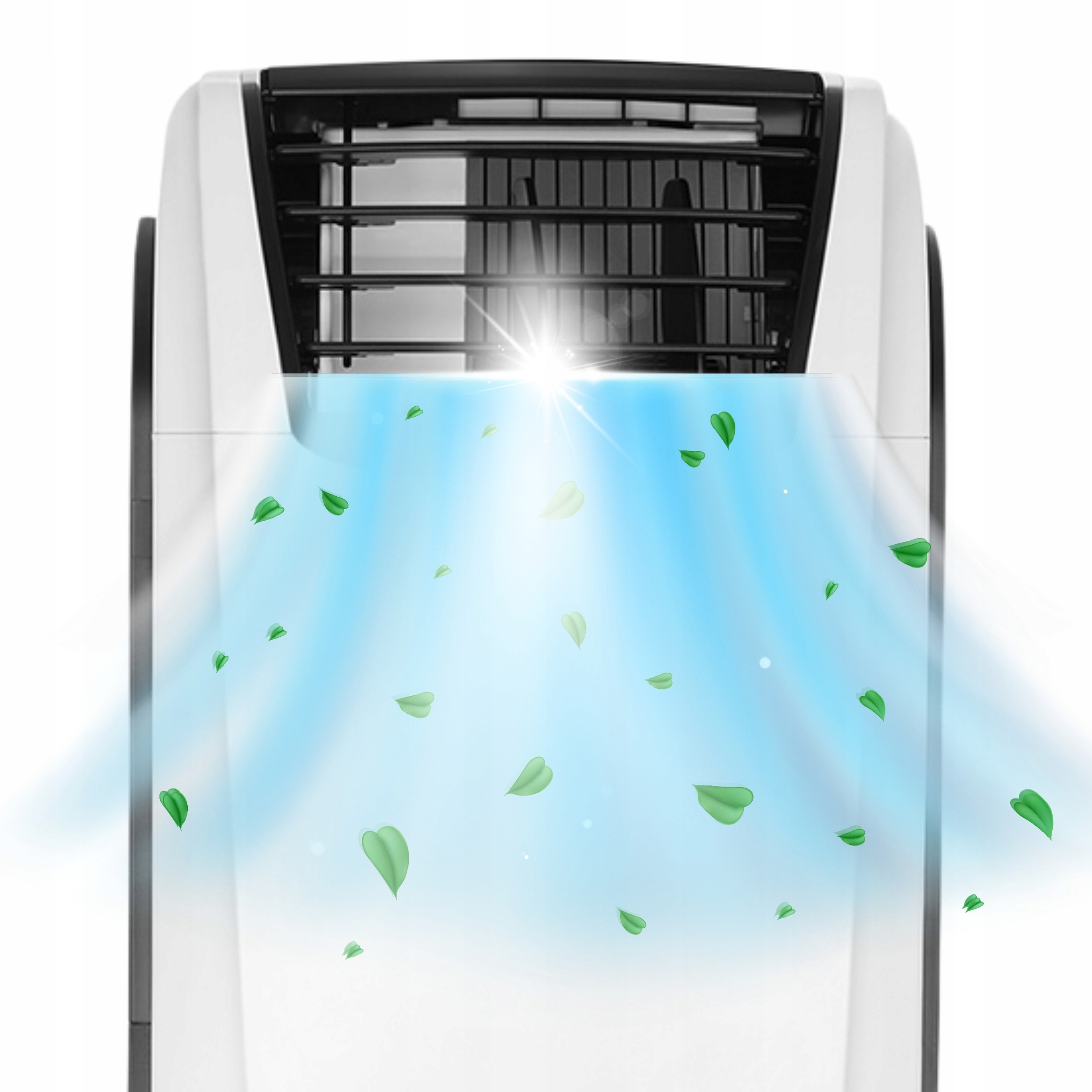 Biały klimatyzator z czarnym blatem. Niebieski strumień powietrza z zielonymi cząsteczkami liści.