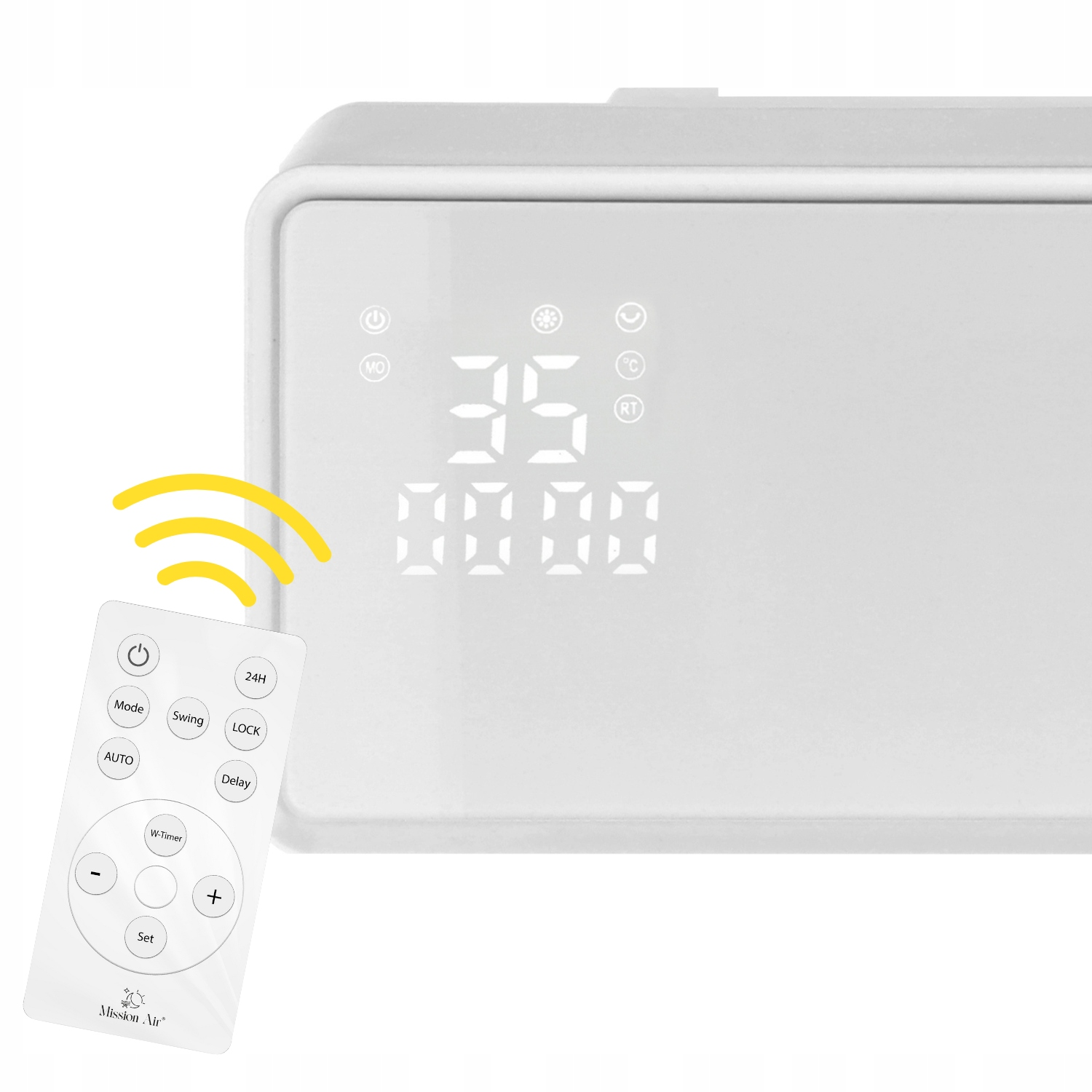 Biały klimatyzator z pilotem. Wyświetlacz pokazuje 35. Pilot ma przyciski do trybu, obrotu, timera i zasilania.