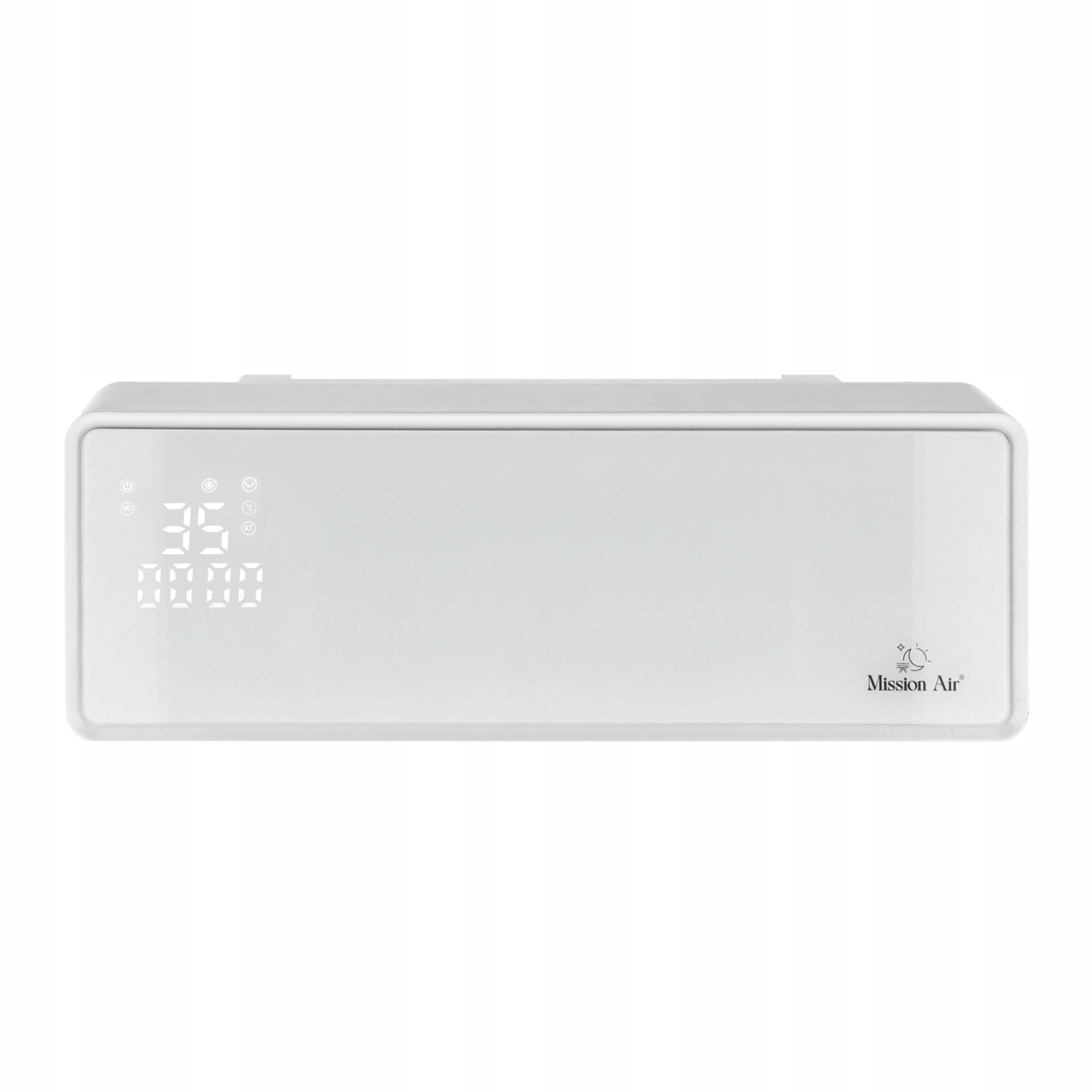 Biały grzejnik Mission Air z cyfrowym wyświetlaczem pokazującym 35 stopni. Urządzenie na białym tle.