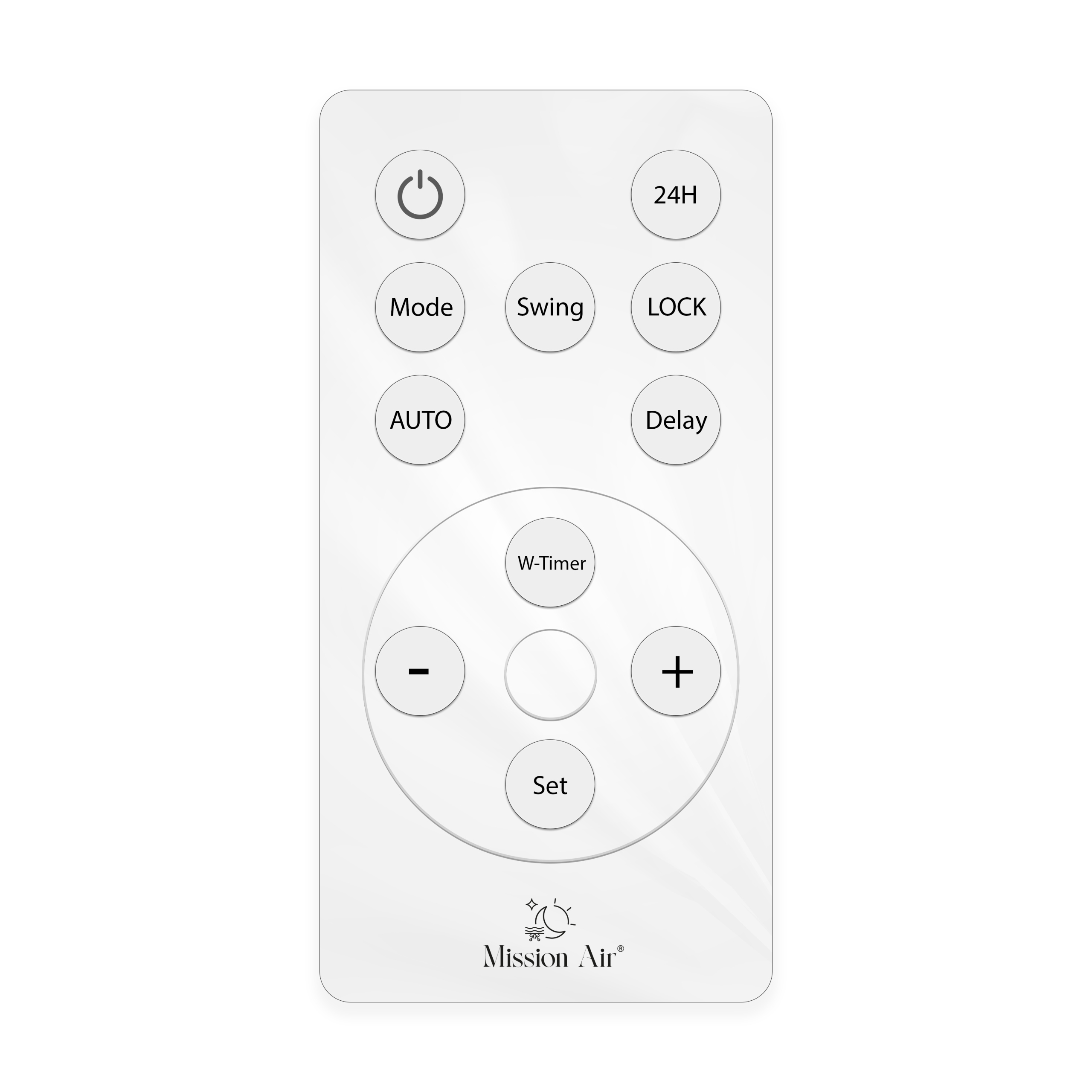 Biały pilot z przyciskami takimi jak zasilanie, tryb, obracanie i timer. Marka to Mission Air.