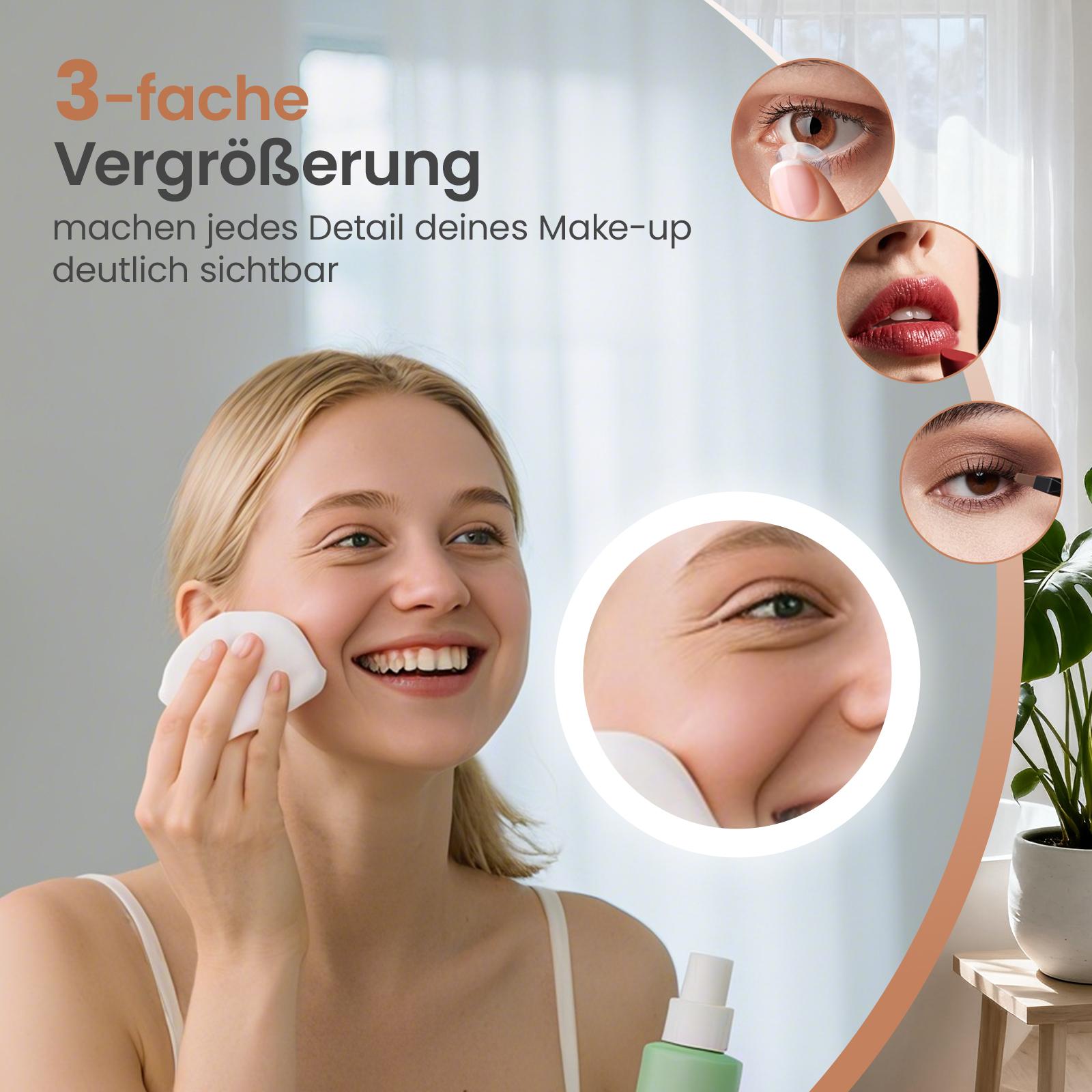 Eine Frau verwendet ein Wattepad auf ihrem Gesicht. Das Bild zeigt Nahaufnahmen von Augen, Lippen und Falten mit Produktflaschen.