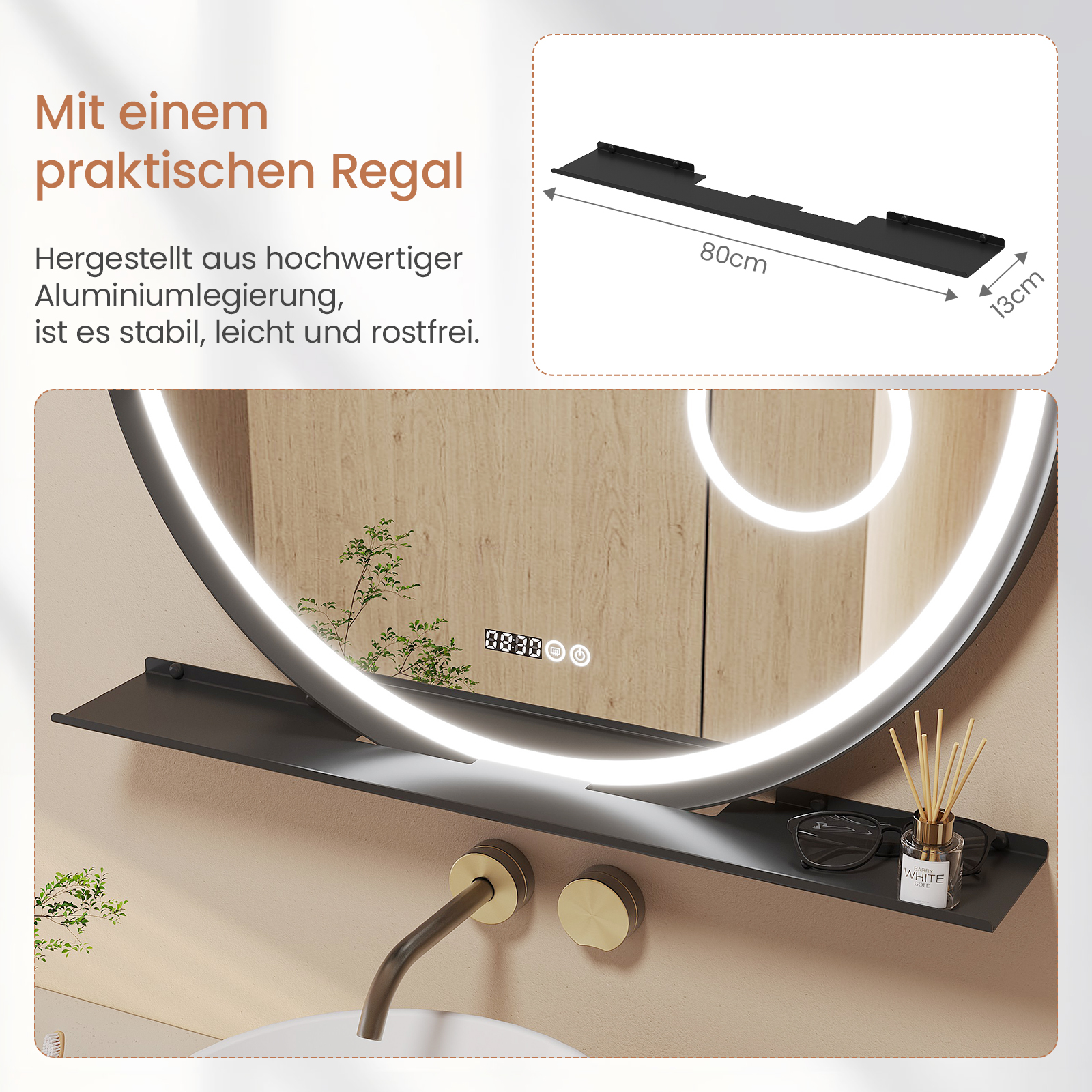 Ein moderner Badezimmerspiegel mit Ablage. Der Spiegel ist rund mit Licht, darunter befindet sich eine Ablage mit Gegenständen.