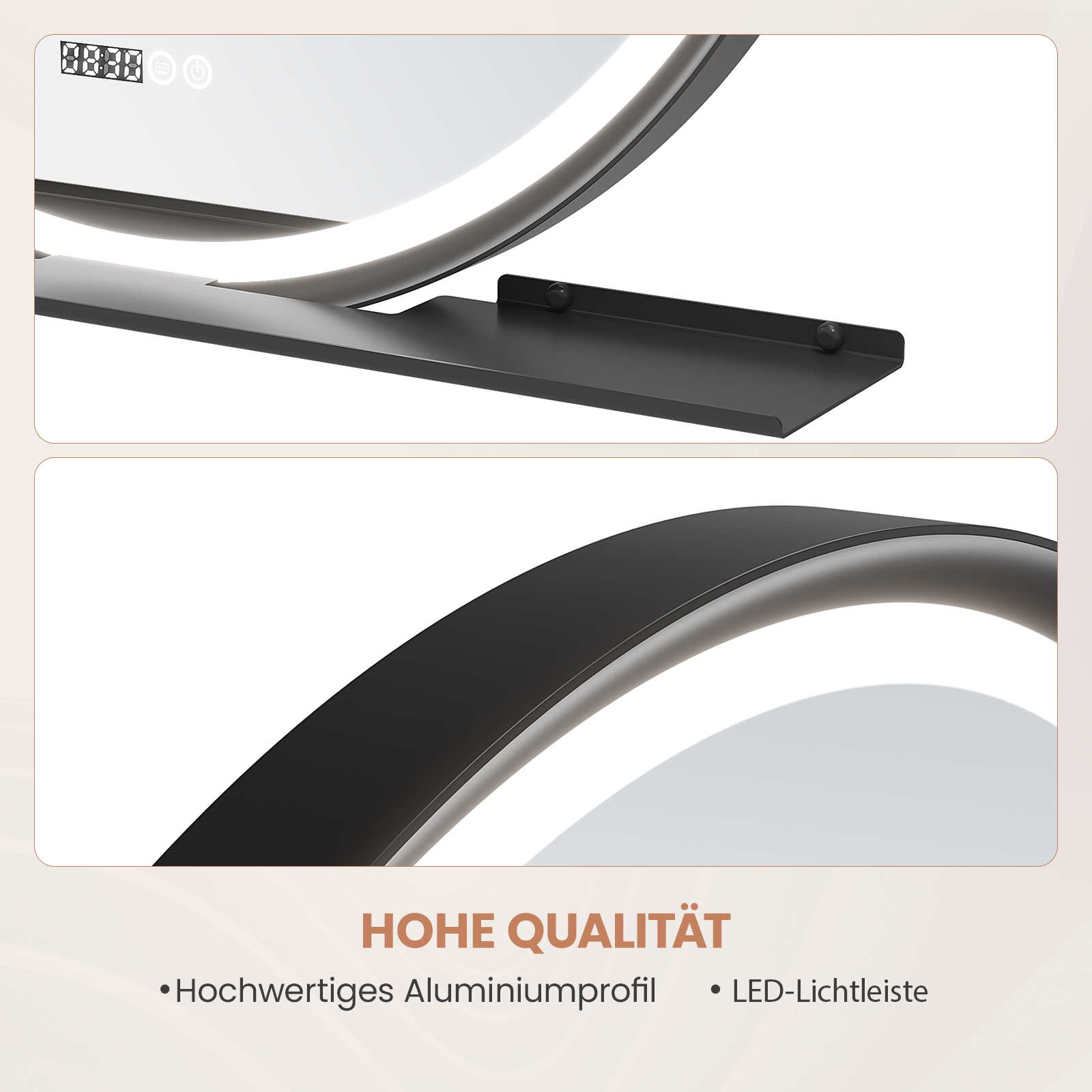Nahaufnahme einer modernen schwarzen Lampe mit geschwungenem Design und integrierter LED-Beleuchtung auf weißem Hintergrund.