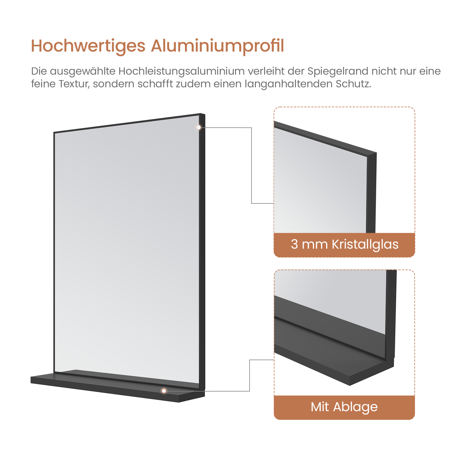 Ein Spiegel mit schwarzem Rahmen und Regal, 3 mm Kristallglas. Text: Hochwertiges Aluminiumprofil.