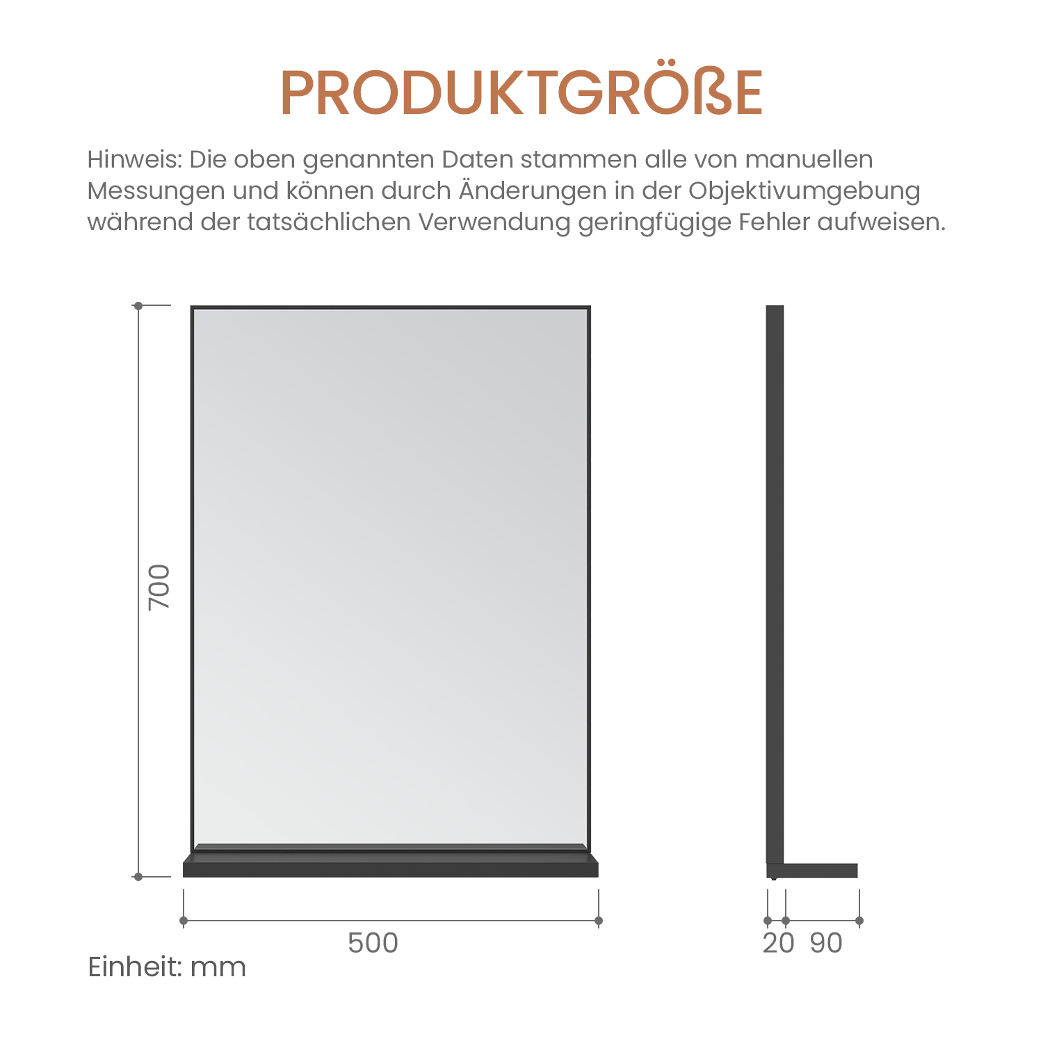 Diagramm eines rechteckigen Spiegelrahmens mit Maßangaben in Millimetern: 700x500. Ein Seitenprofil zeigt die Tiefe des Rahmens.