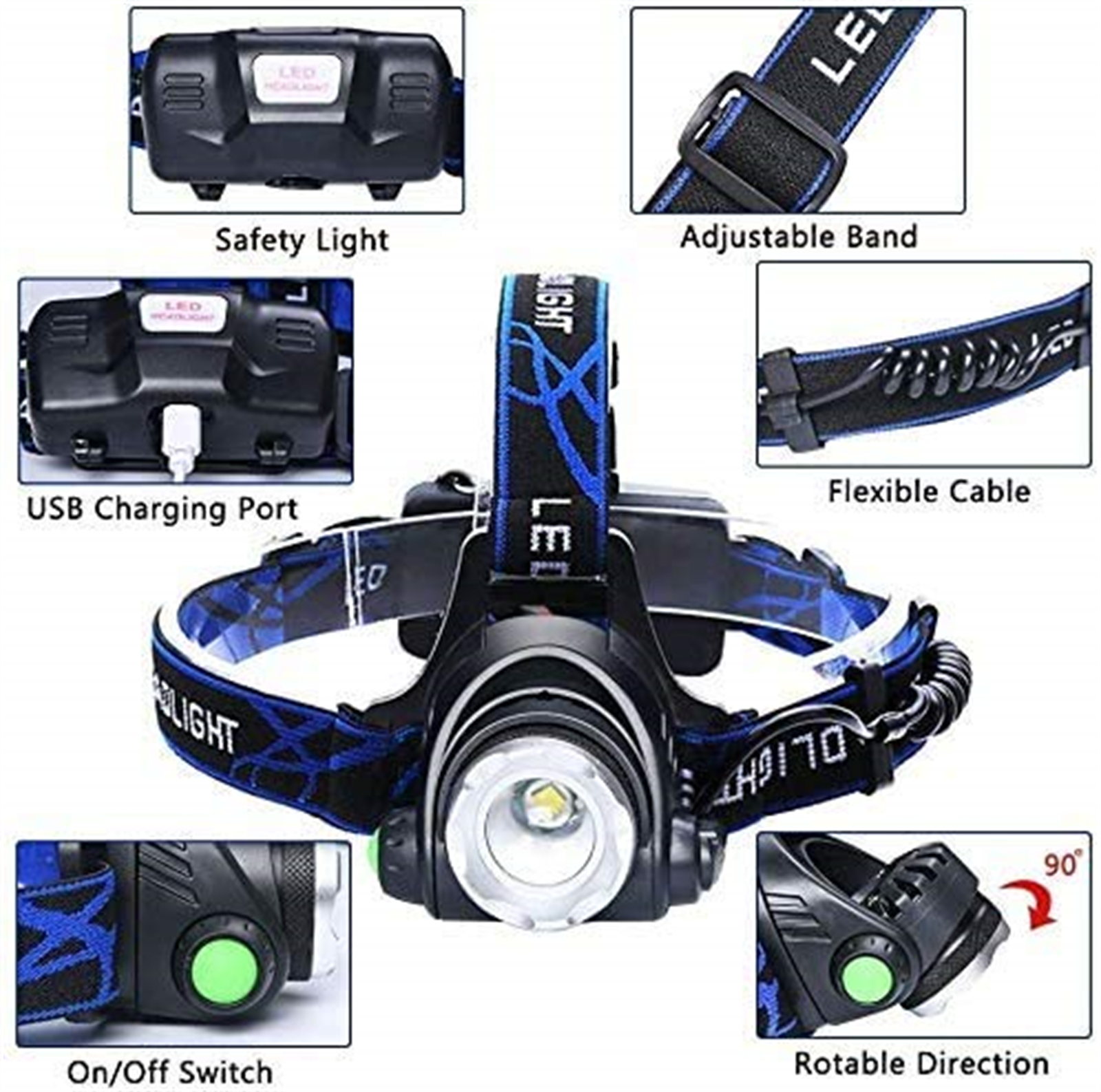Stirnlampe mit Sicherheitslicht, USB-Anschluss, verstellbarem Band und flexiblem Kabel. Sie hat einen Ein-/Ausschalter und eine drehbare Richtung.