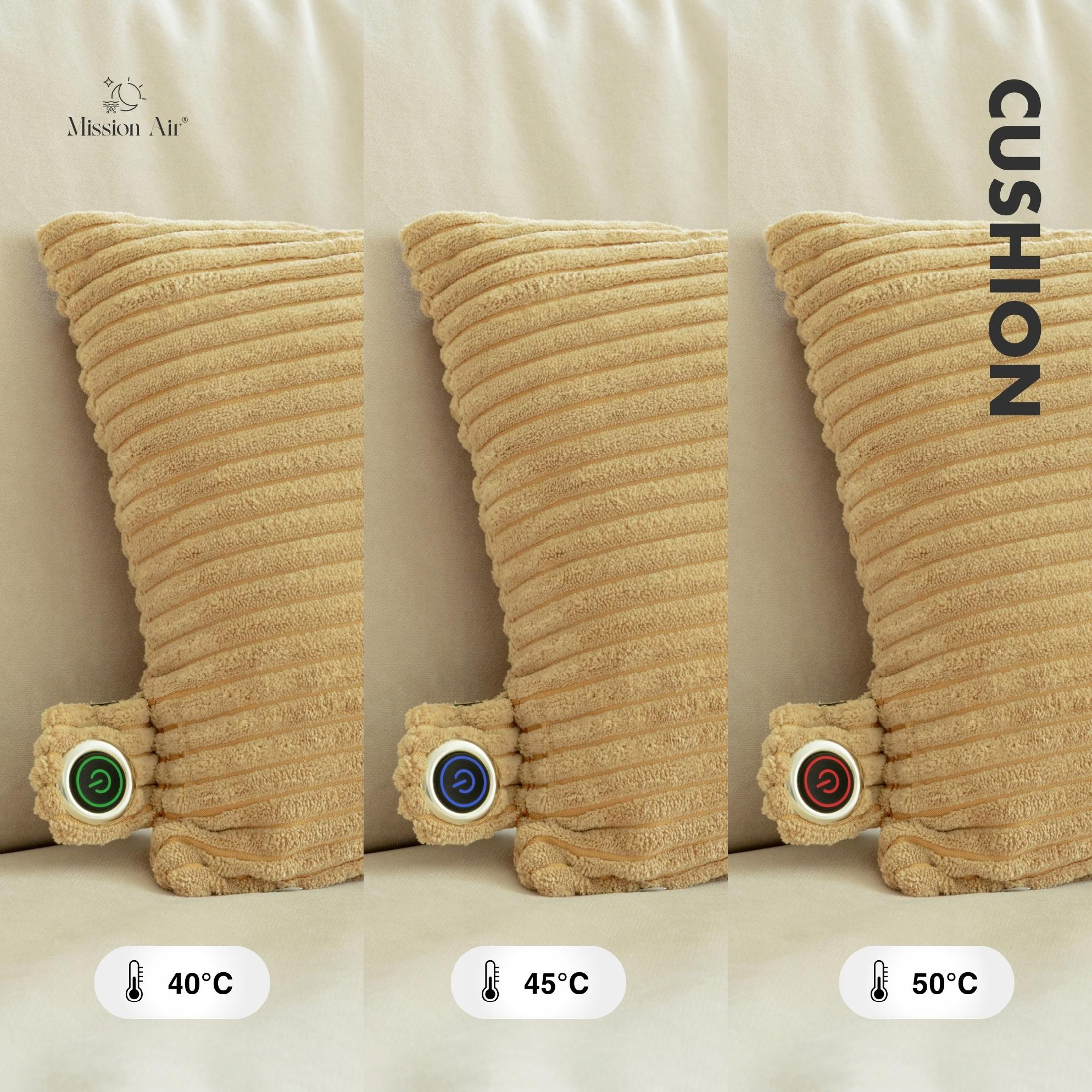 Trzy beżowe poduszki z ustawieniami temperatury. Każda ma przycisk pokazujący różne kolory. 40, 45 i 50 stopni Celsjusza.